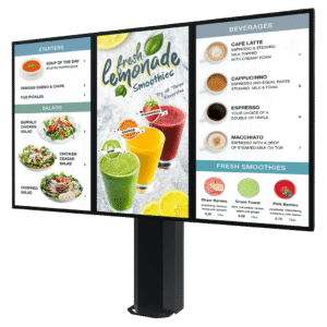 Montaje Tipo Kiosco para exterior compatible con Pantallas de 55" Samsung OH55AS / Diseño Ultradelgado / METAL / Exterior IP65 / Base Pedestal 8" / Soporte para 3 pantallas