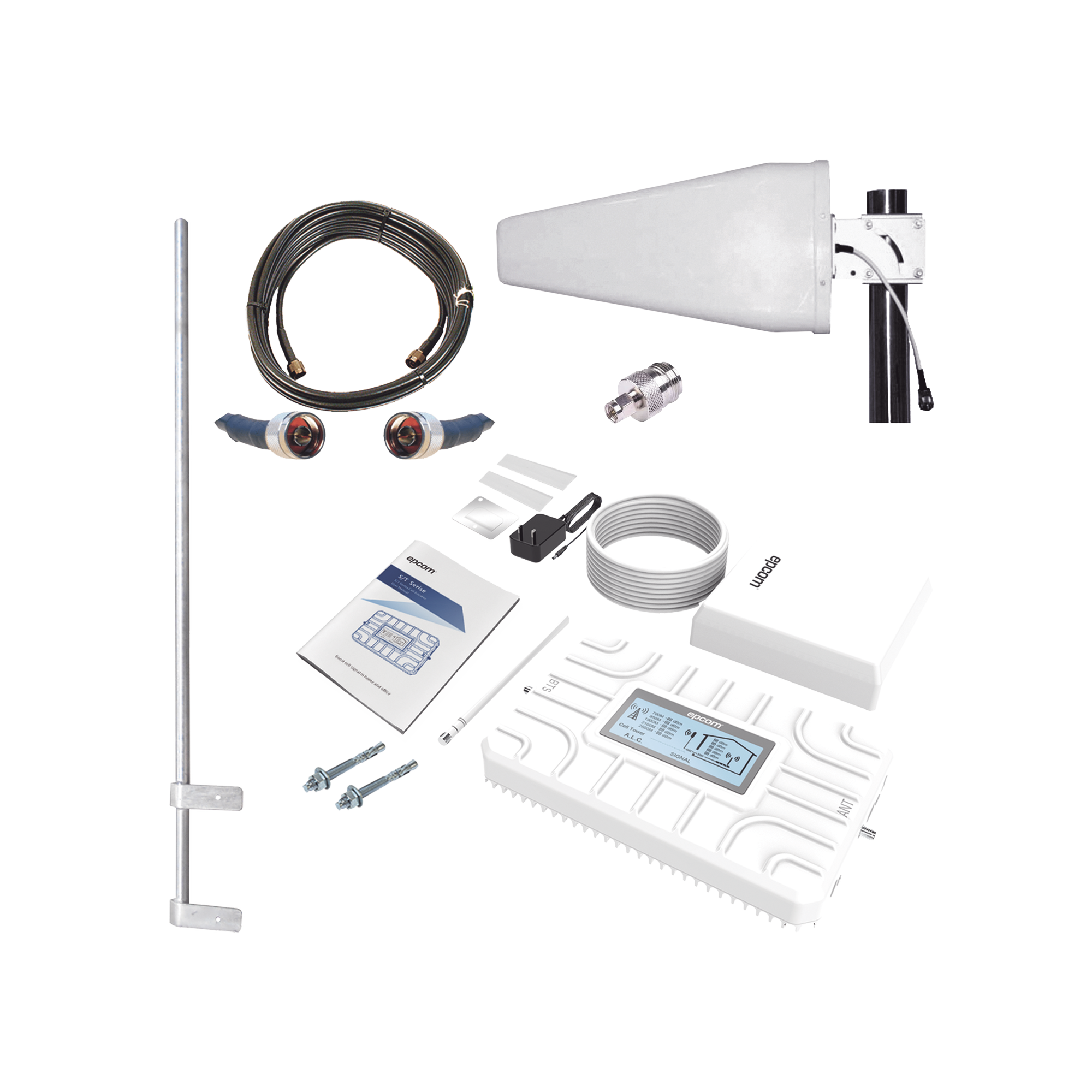 Kit PLUS de Amplificador de Señal Celular 5G / Penta Banda / Soporta 2G, 3G, 4G y 5G / Compatible con TELCEL, AT&T, MOVISTAR y OMV / Cobertura hasta 250 m2 / Incluye Antenas, Jumpers coaxiales y mástil.