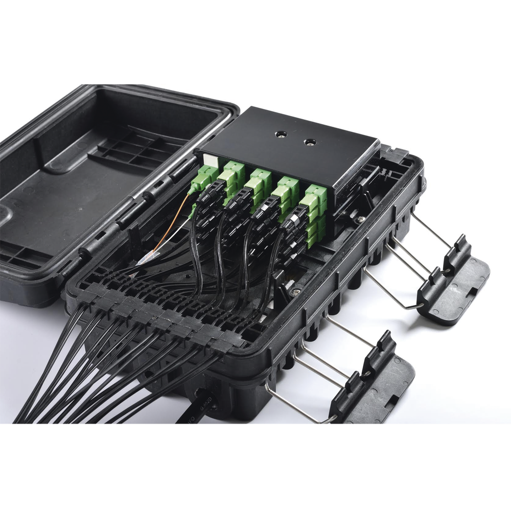 Caja de Distribución de Fibra Óptica para 24 Empalmes, con 16 acopladores SC/APC simplex, Exterior IP65, Color Negro - Image 4