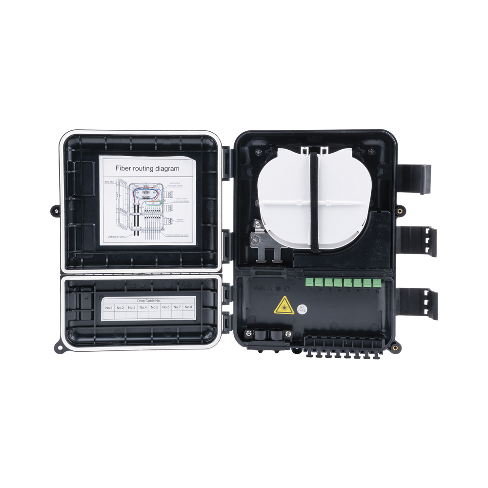 Caja de Distribución de Fibra Óptica para 24 Empalmes, con 8 Acopladores SC/APC Simplex, Exterior IP55, Color Negro - Image 5