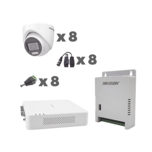 KIT TurboHD 1080p / DVR 8 Canales con audio por coaxitron / 8 Cámaras con Micrófono Integrado 101° Visión/ luz blanca + IR visión nocturna / Transceptores / Conectores / Fuente de Poder Profesional