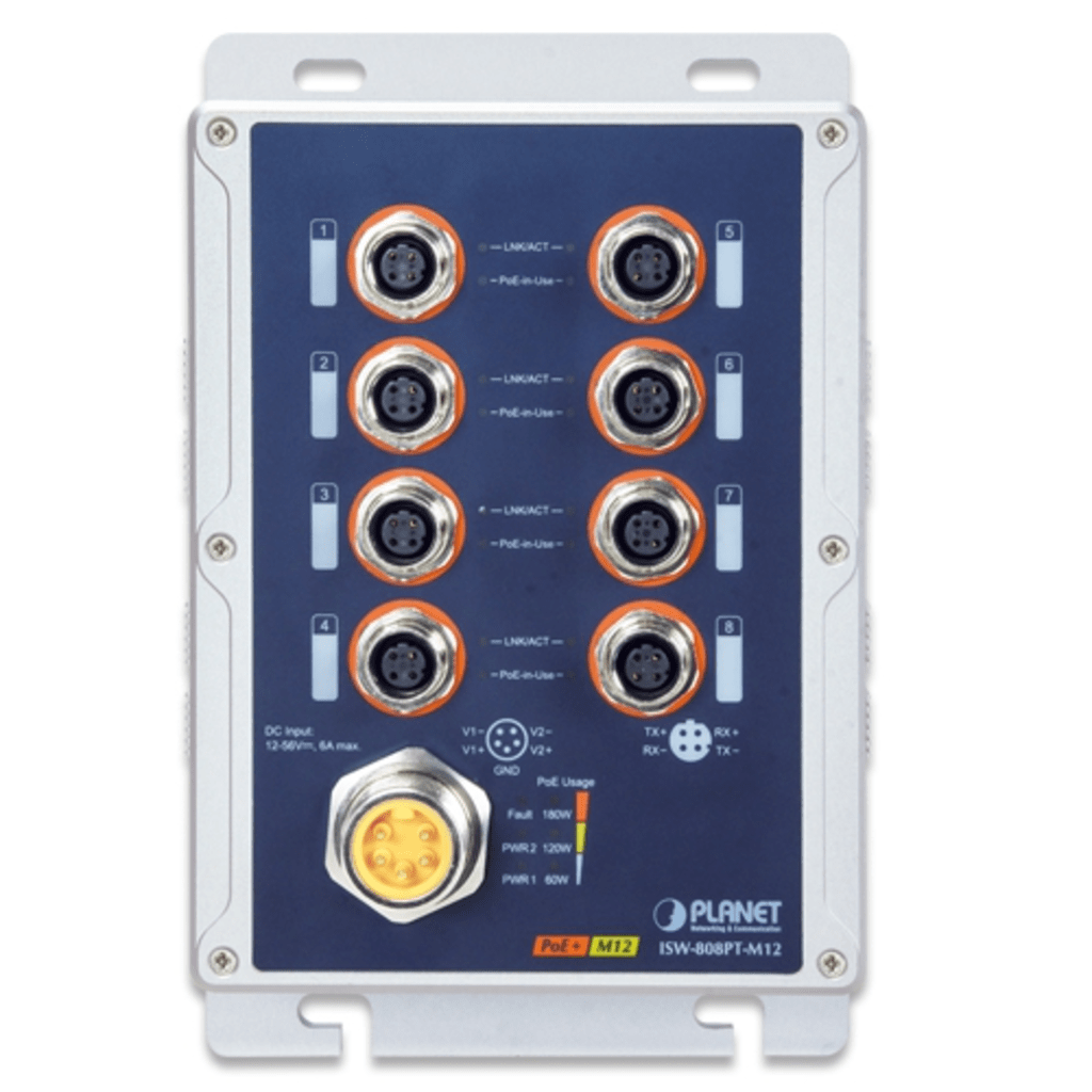 Switch Industrial IP67 8 Puertos 10/100TX M12 / IEEE 802.3at PoE+ / 180W PoE Budget / -40~75°C / Aluminio / DIN-Rail y Montaje en Pared / Protección ESD y Sobretensiones de 6KV - Image 2
