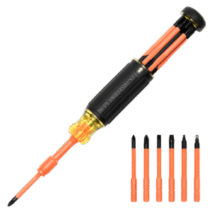 Destornillador Aislado 6-en-1 Auto-Lock / Aislado 1000V CAT III / Almohadilla de agarre / Almacenamiento de brocas integrado / Bits Philips #1 #2 / Slotted 3/16" 1/4" / Square #1 #2