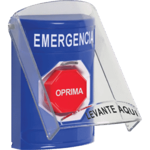?Botón Multipropósito, Color Azul, De Superficie, Con Tapa De Policarbonato, Sin Bocina Pre Alarma, Solo Interior, Llave Para Restablecer, Texto De Emergencia, Español