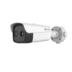Bala IP Dual / Térmico 384 × 288 (15.4 mm) / Óptico 4 Megapixel (8 mm) / Termométrica / Detección de Temperatura / PoE+ / Exterior IP67 / IK10 / Recubrimiento Anticorrosivo / Micro SD
