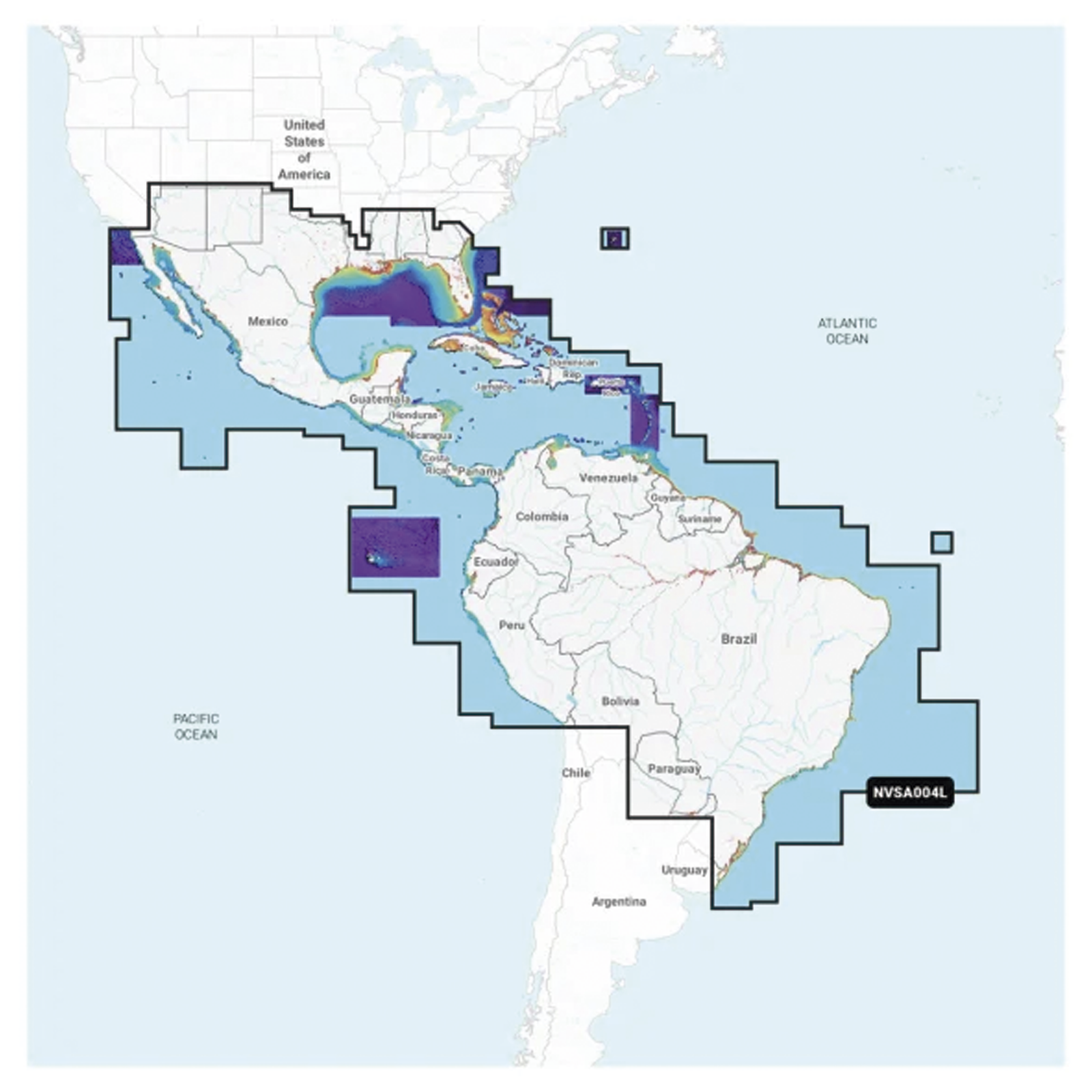 Cobertura Marítima / Costa de México, Centroamérica y Brasil / Incluye Golfo de EE. UU. y Costa Oriental / Bermudas, Bahamas, Cuba, Puerto Rico / Islas Vírgenes, Jamaica, Canal de Panamá / Costa Occidental de Sudam&e