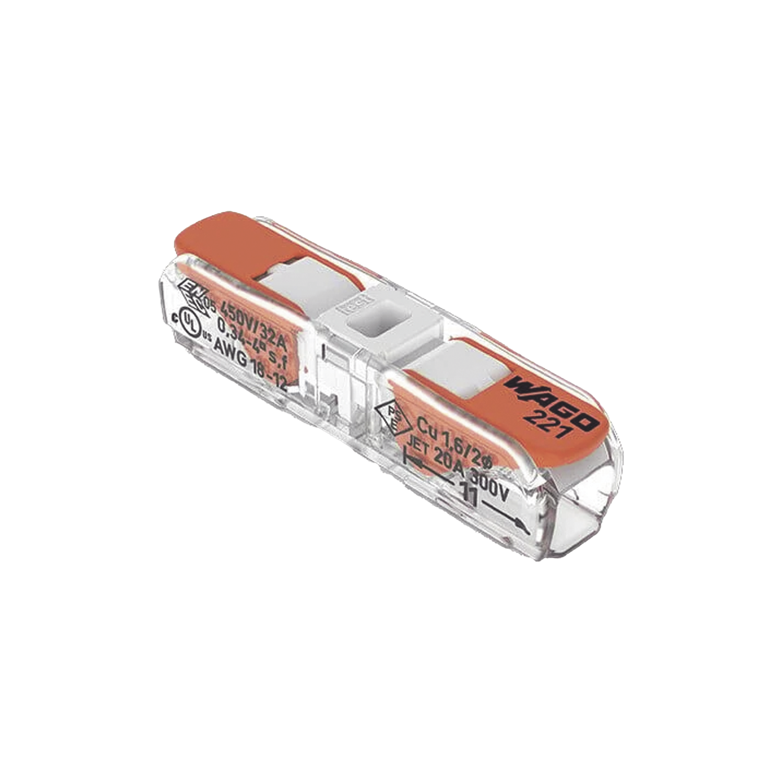 Conector de Instalación en Línea / CAGE CLAMP® con Palancas / 2 Polos / 4 mm² Máx. (12 AWG) / Transparente / 600V UL / 32A / IP20 / T85 85°C