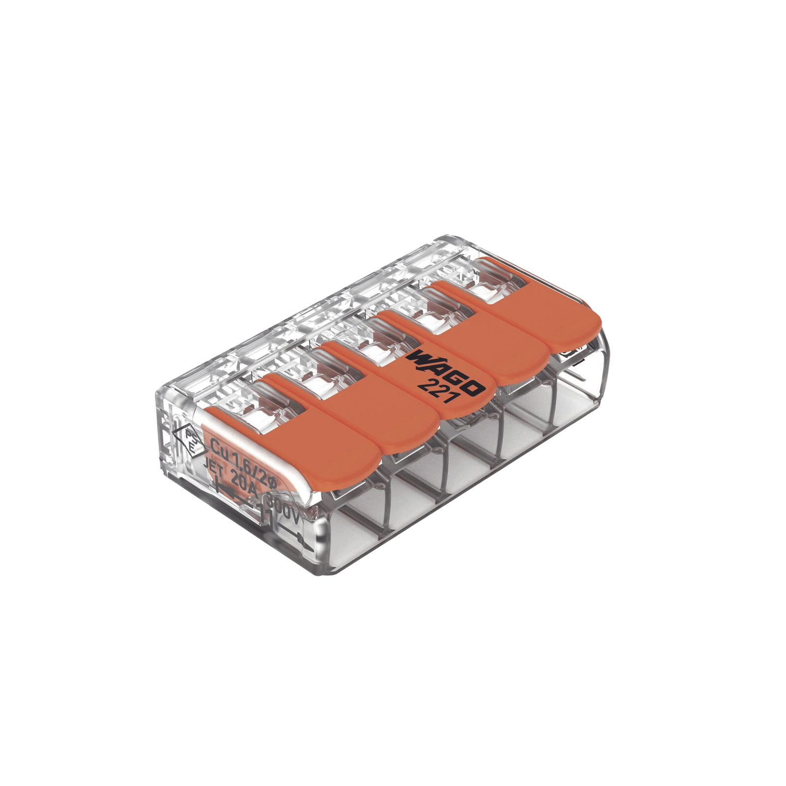 Borna de Conexión / 5 Conductores / 4 mm² Máximo / Palanca Naranja / Transparente / 32A 450V / UL JET ENEC / CAGE CLAMP® / T85