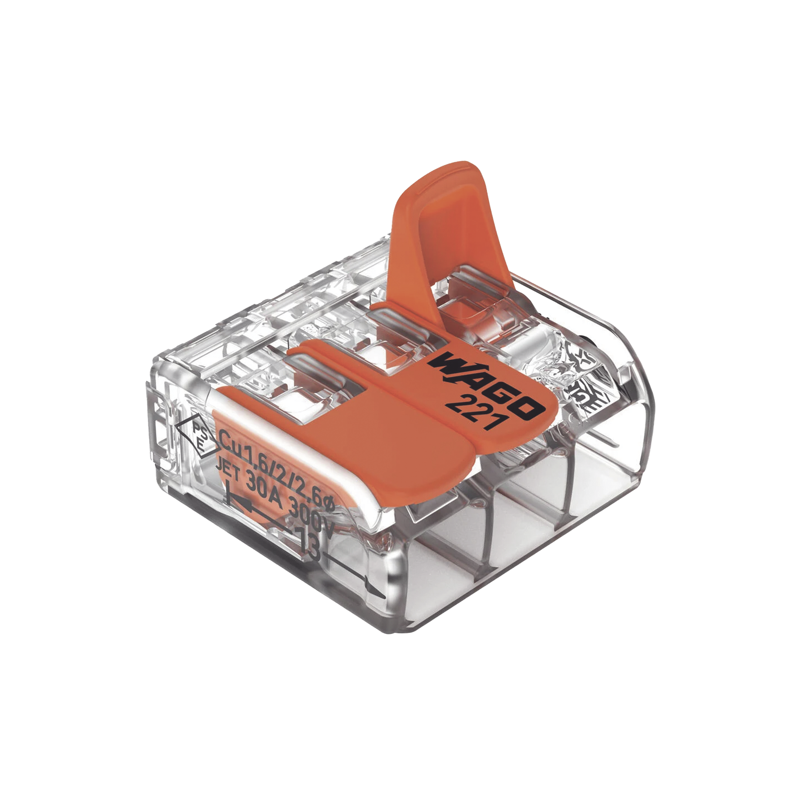 Borna de Conexión con Palancas / 3 Conductores / CAGE CLAMP® / 6 mm² (10 AWG) Máximo / 32A 450V / Transparente / Palancas Naranja / TB85