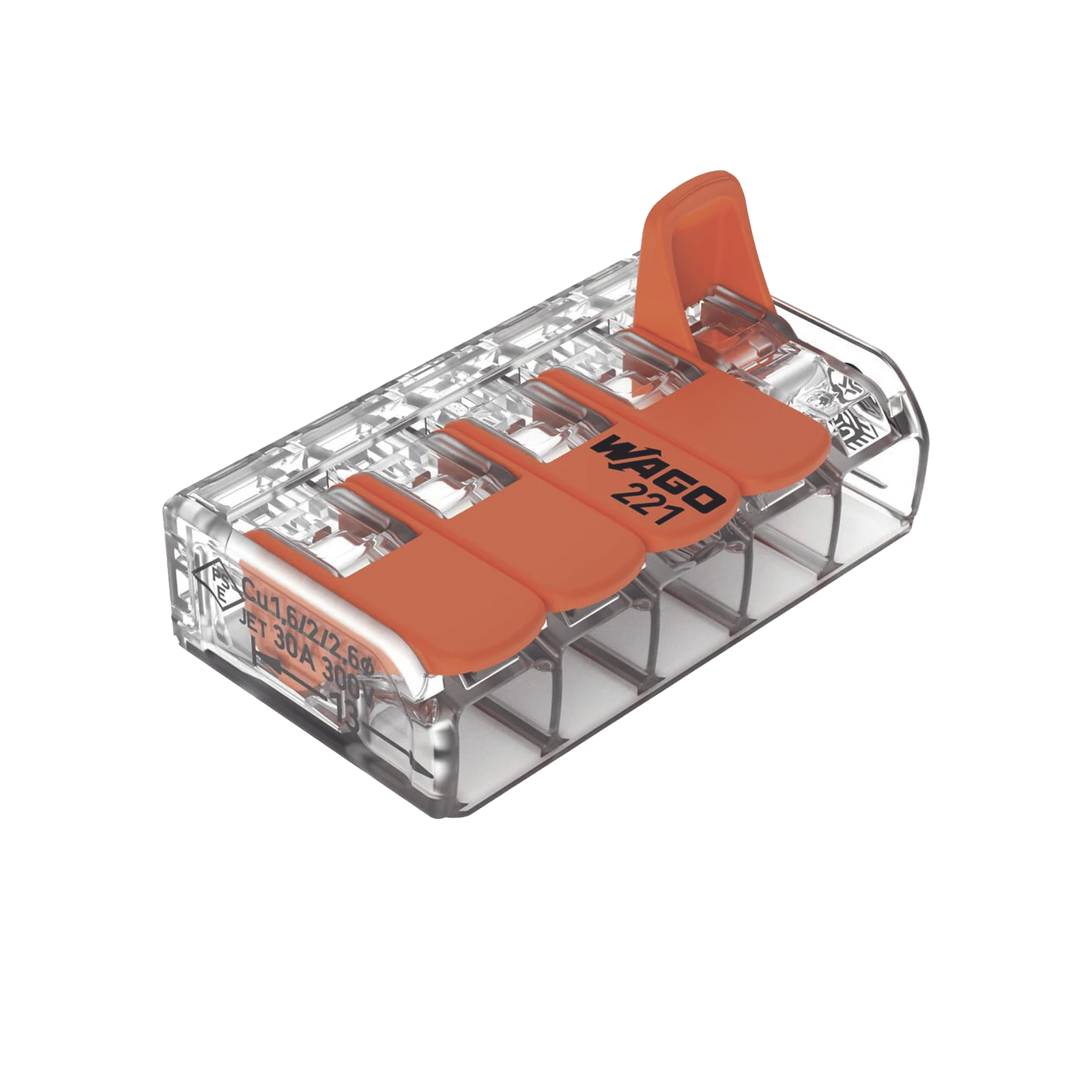 Conector Eléctrico / Borna de Conexión con Palancas / 5 Puntos / 6 mm² Máximo / 30A 450V / Transparente / CAGE CLAMP® / UL-ENEC-CB