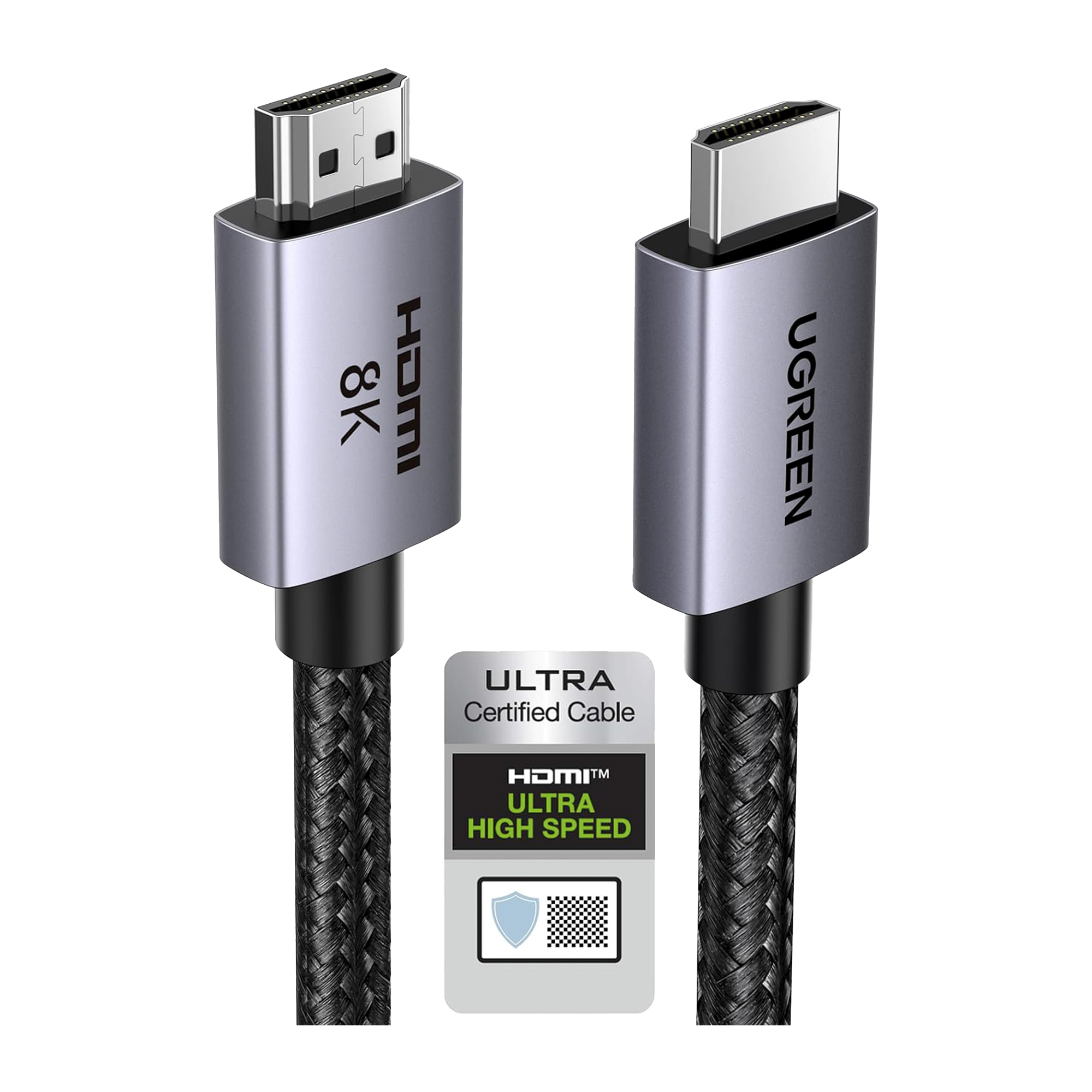 Cable HDMI 2.1 de 8K@60Hz | 2 Metros (6.56 Pies) | 48Gbps | HDR10+ | 3D Inversivo | eARC | Dolby ATMOS | VVR | QMS | QFT | ALLM | 3 Modos de Visualización | Certificado HDMI 8K | Niquelado | Nylon Trenzado | Carcasa de Aluminio