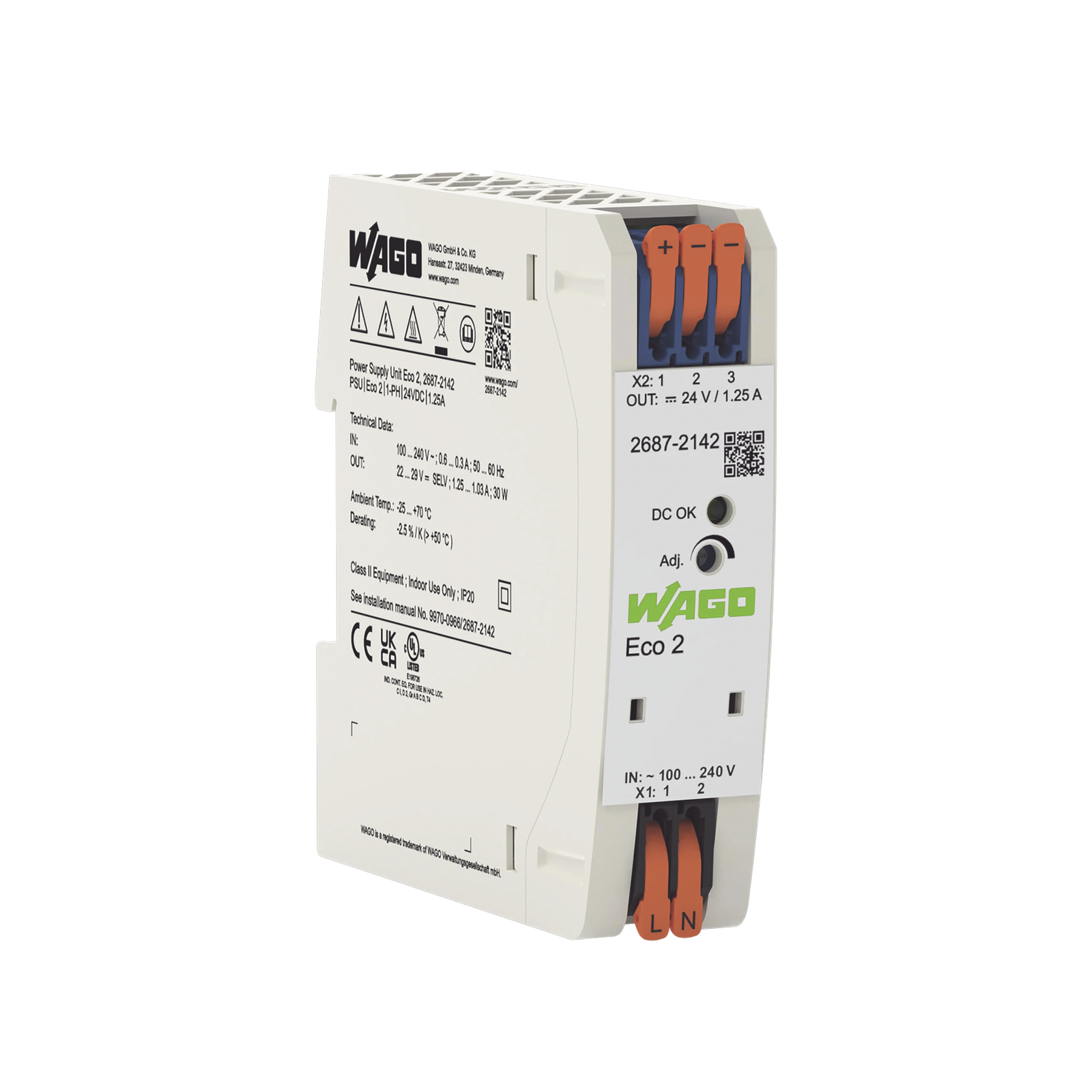 Fuente de Alimentación Eco 2 / Monofásica / 24V DC / 1.25A / 30W / Push-in CAGE CLAMP® / Carril DIN / SELV-PELV / IP20