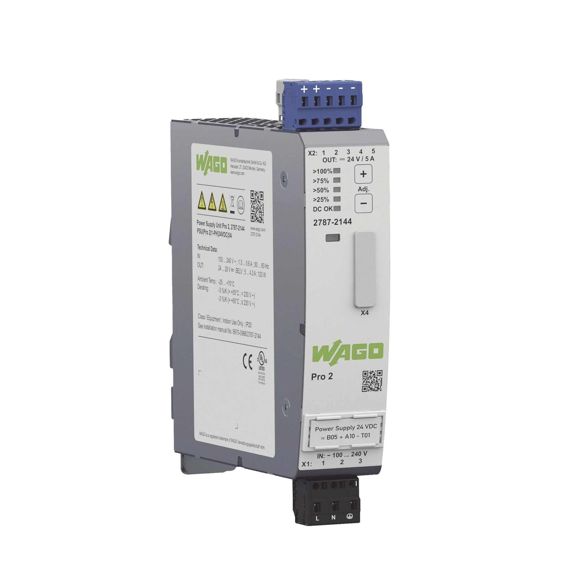 Fuente de Alimentación Industrial / Pro 2 / Monofásica / 24V DC 5A / TopBoost + PowerBoost / Comunicación Configurable / IP20 / Carril DIN