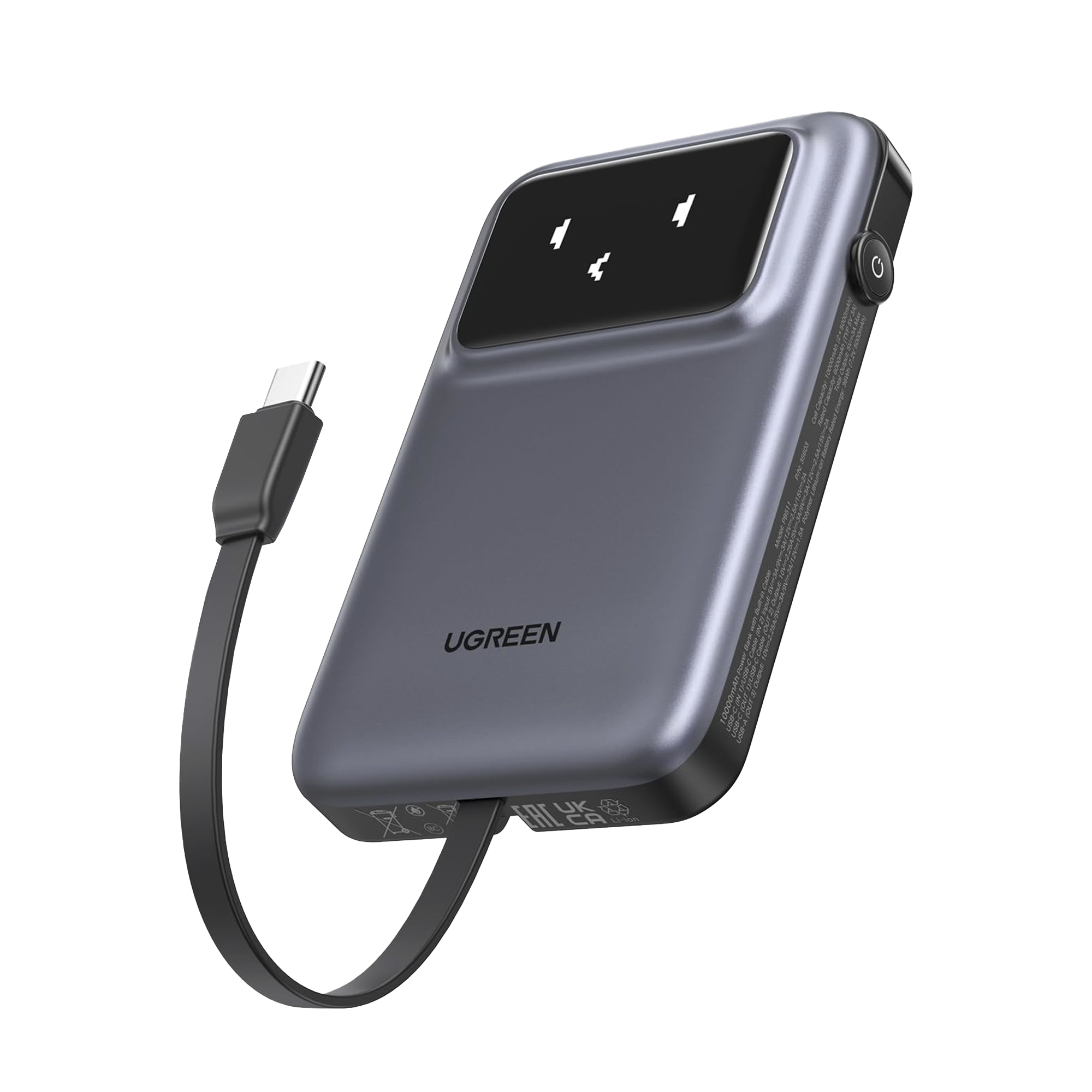 Power Bank Serie Uno |  10000mAh | 30W |  con Cable USB-C Incorporado | 2 Salidas 30W Max. | Pantalla Inteligente | Carcasa Ignifuga | Aprobado por Aerolíneas.| Color Grey.