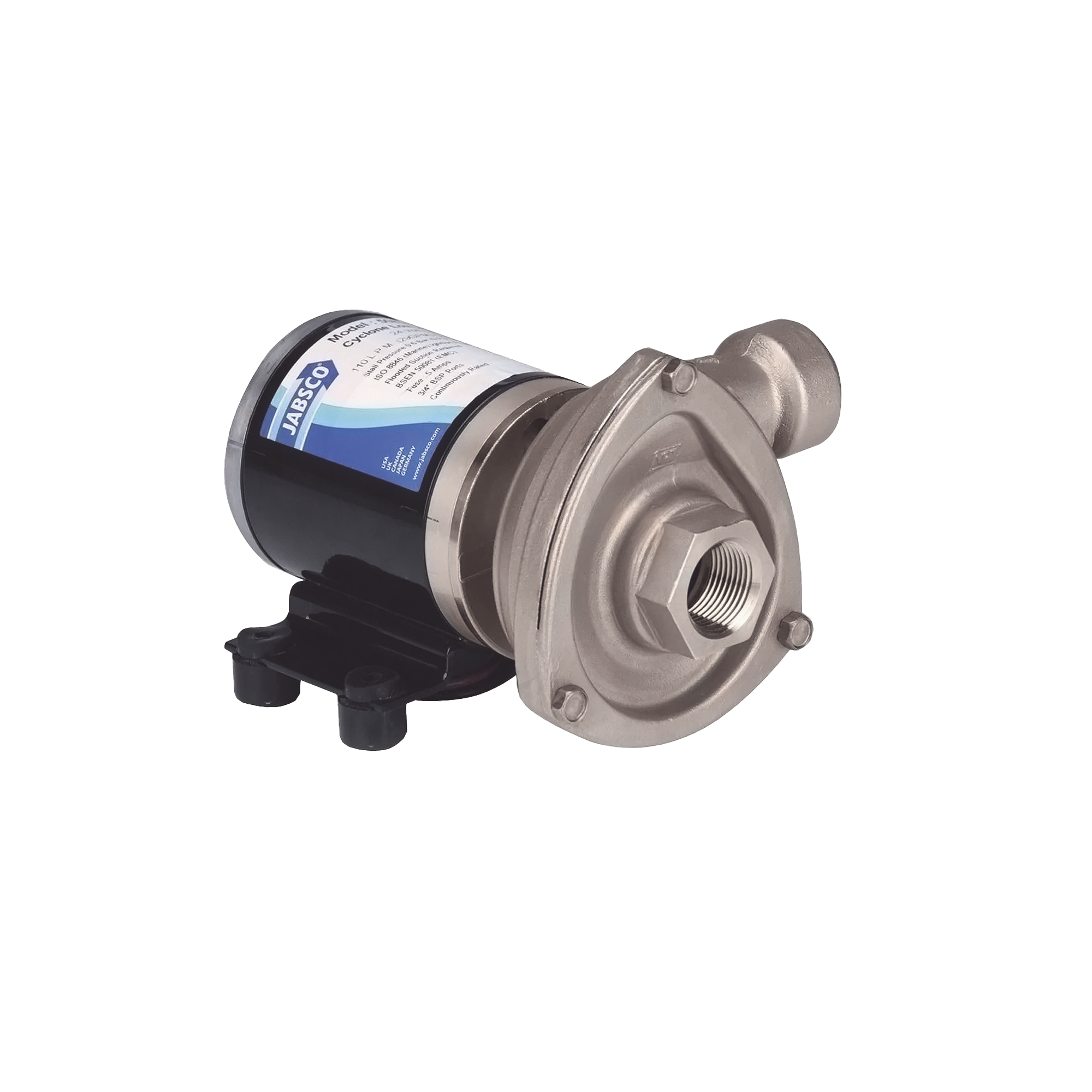 Bomba centrifuga Cyclone de baja presión a 12 Vcd, caudal de hasta 29 GPM, presión máxima de 8.7 psi, en acero inoxidable.