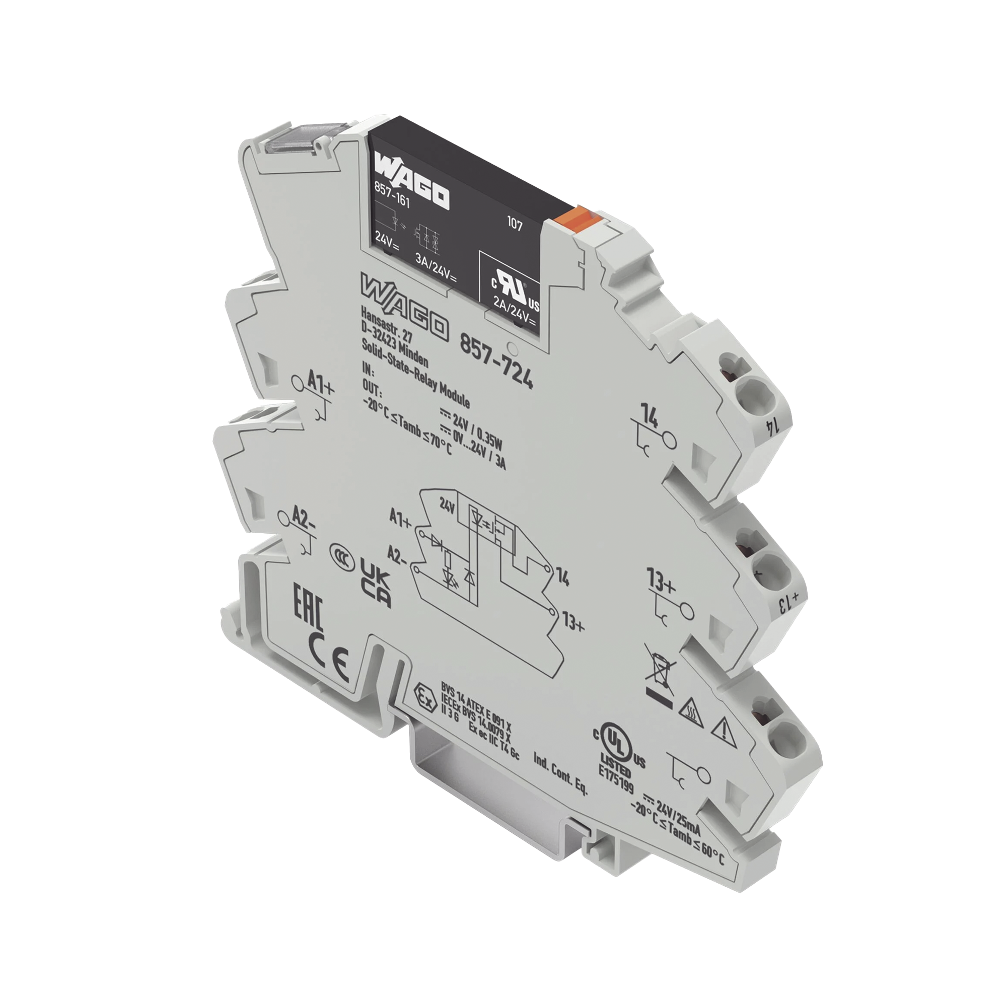 Módulo Relé Solid-State / 24 VCC / 3 A / Push-in CAGE CLAMP® / LED Indicador Amarillo / IP20 / Montaje Carril DIN-35