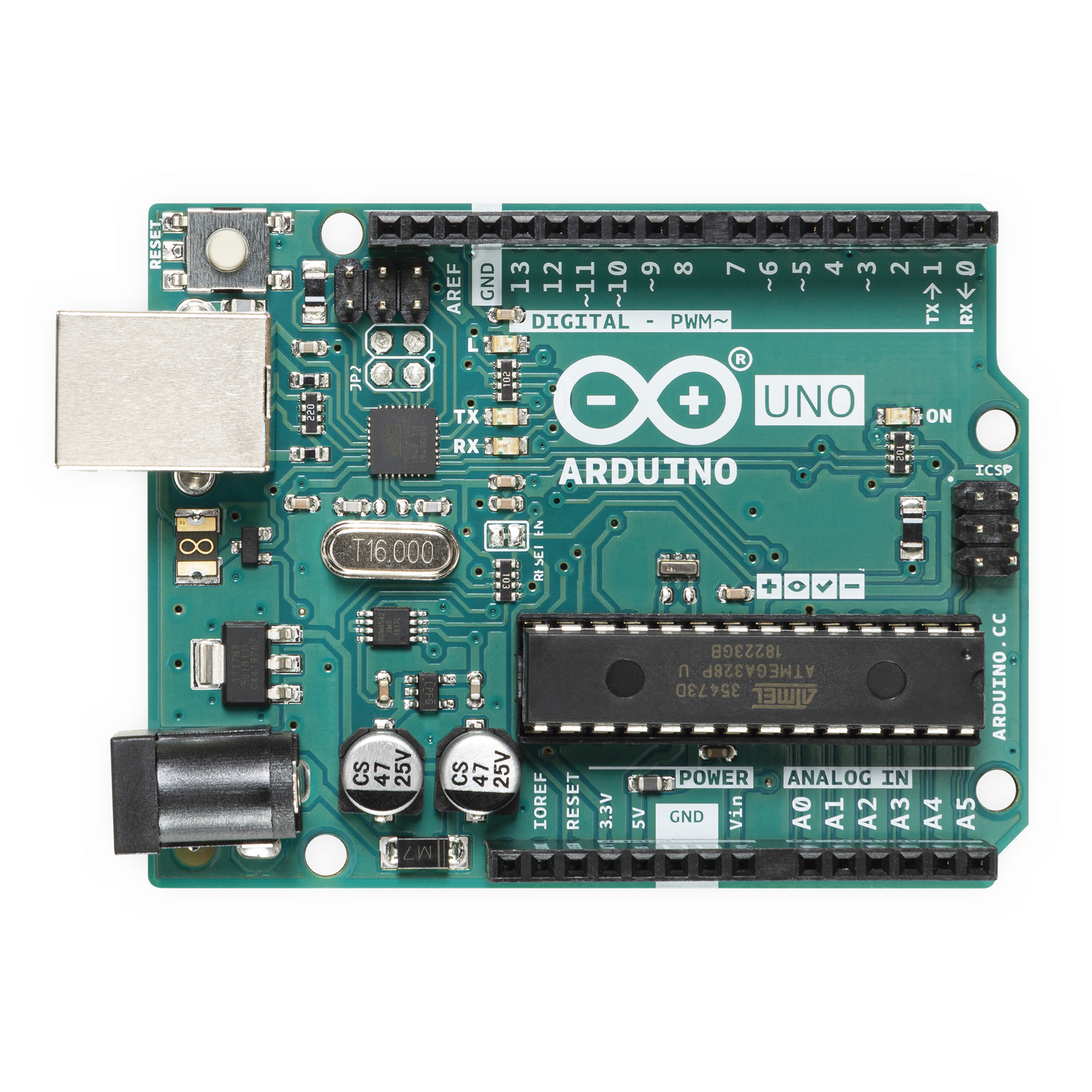 Placa de Desarrollo Arduino UNO R3 / Microcontrolador ATmega328P / 14 Pines Digitales / 6 Entradas Analógicas / USB-B / Compatibilidad Shields / Educación e Industria