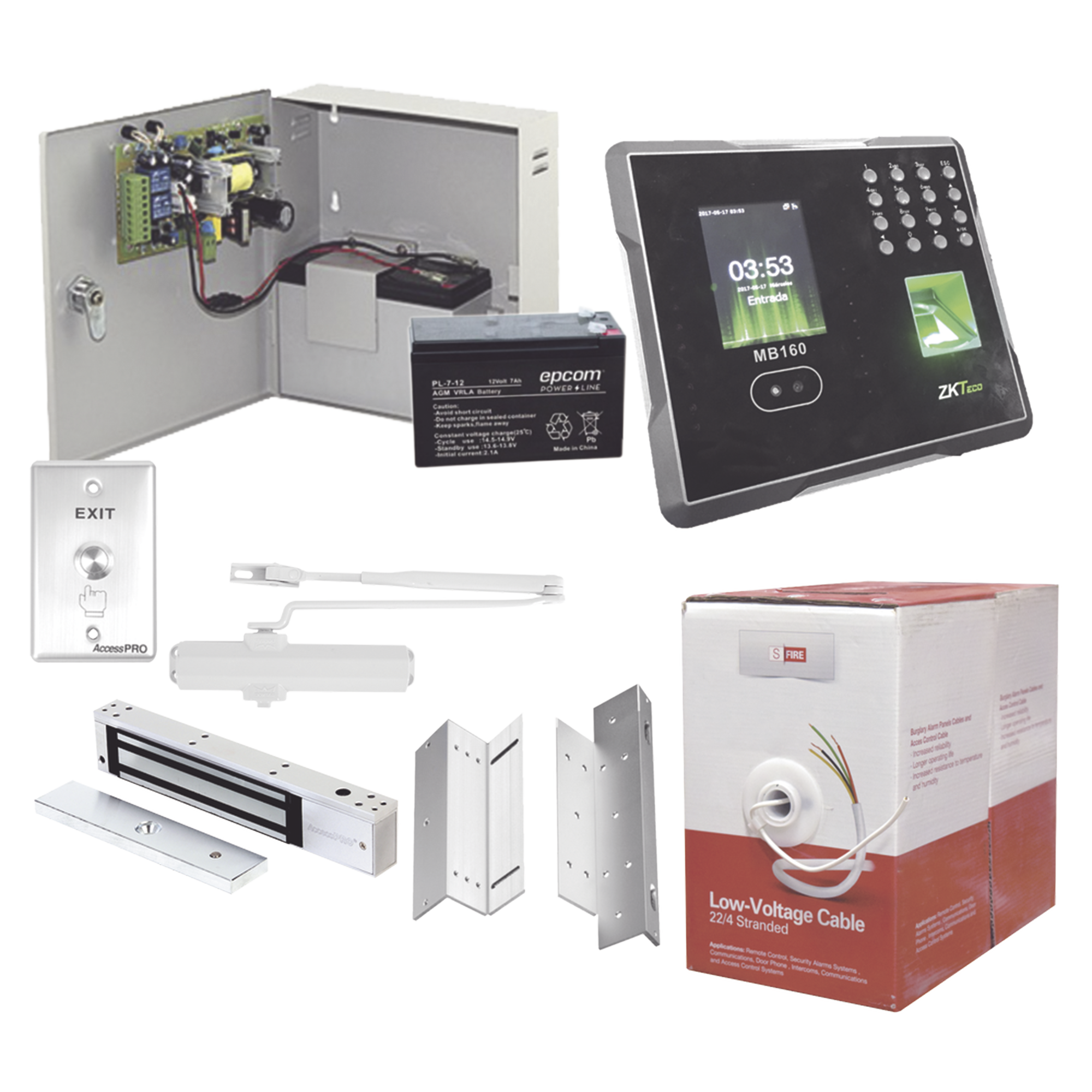 Sistema Completo de Acceso Y asistencia, Incluye Lector Biometrico MB160ID, Chapa magnética con bracket, Cierra puerta, Botón de Salida, Cable " Gratis ", y fuente profesional con Batería