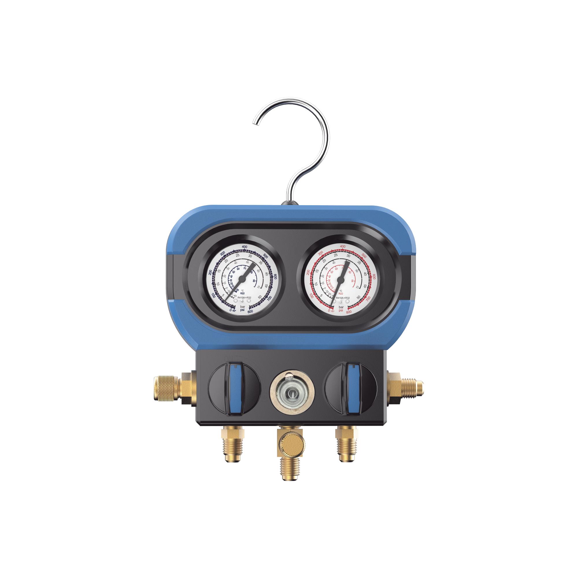 Manifold de 2 Válvulas AMAA para Refrigeración / Compatible con R22, R32/R410A, R404A, R407C / Escala de Manómetro Multigas / Interfaz 5/16" SAE / Rango de Vacío -30 inHg / Presión Máxima 500 psi / Resistente