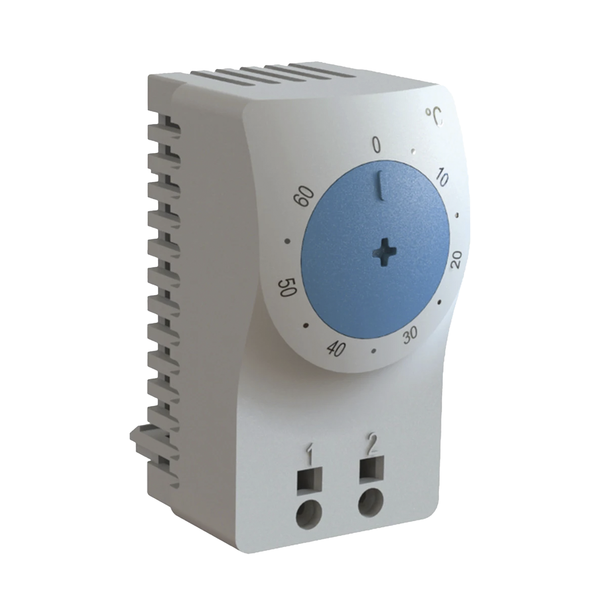 Termostato/Interruptor Para Control de Temperatura en Grados Fahrenheit, Para Uso con Ventiladores, Con Terminales de Conexión, y Clip para Riel Din de 35 mm, Color Gris Claro