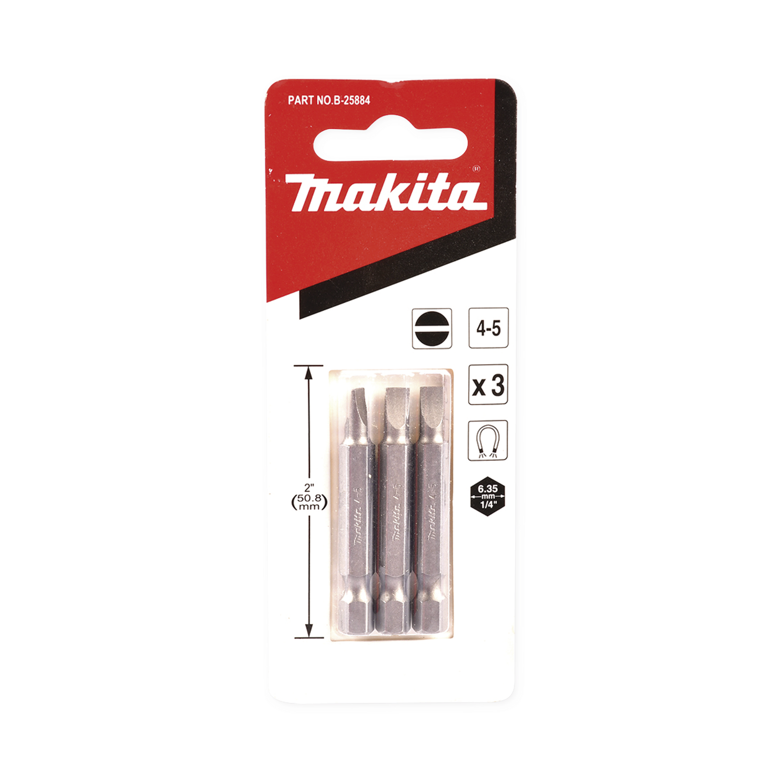 Punta plana para atornillar de 4-5 x 50 mm forma “E”, zanco tipo hexagonal de 1/4" con punta magnética, blíster con 3 piezas.