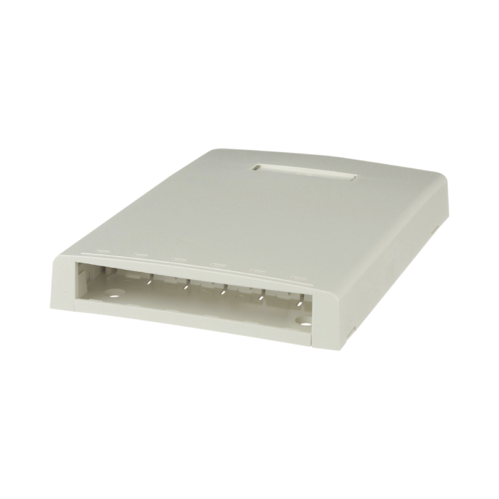 Caja de Montaje en Superficie, con Accesorio para Resguardo de Fibra Óptica, para 6 Módulos Mini-Com, Color Blanco Mate