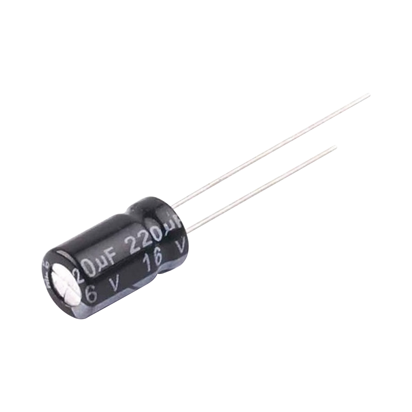 Capacitor Electrolítico en Aluminio, Radial de 220 µFd, 16 Vcc, 105 °C, 6.3 x 11 mm.
