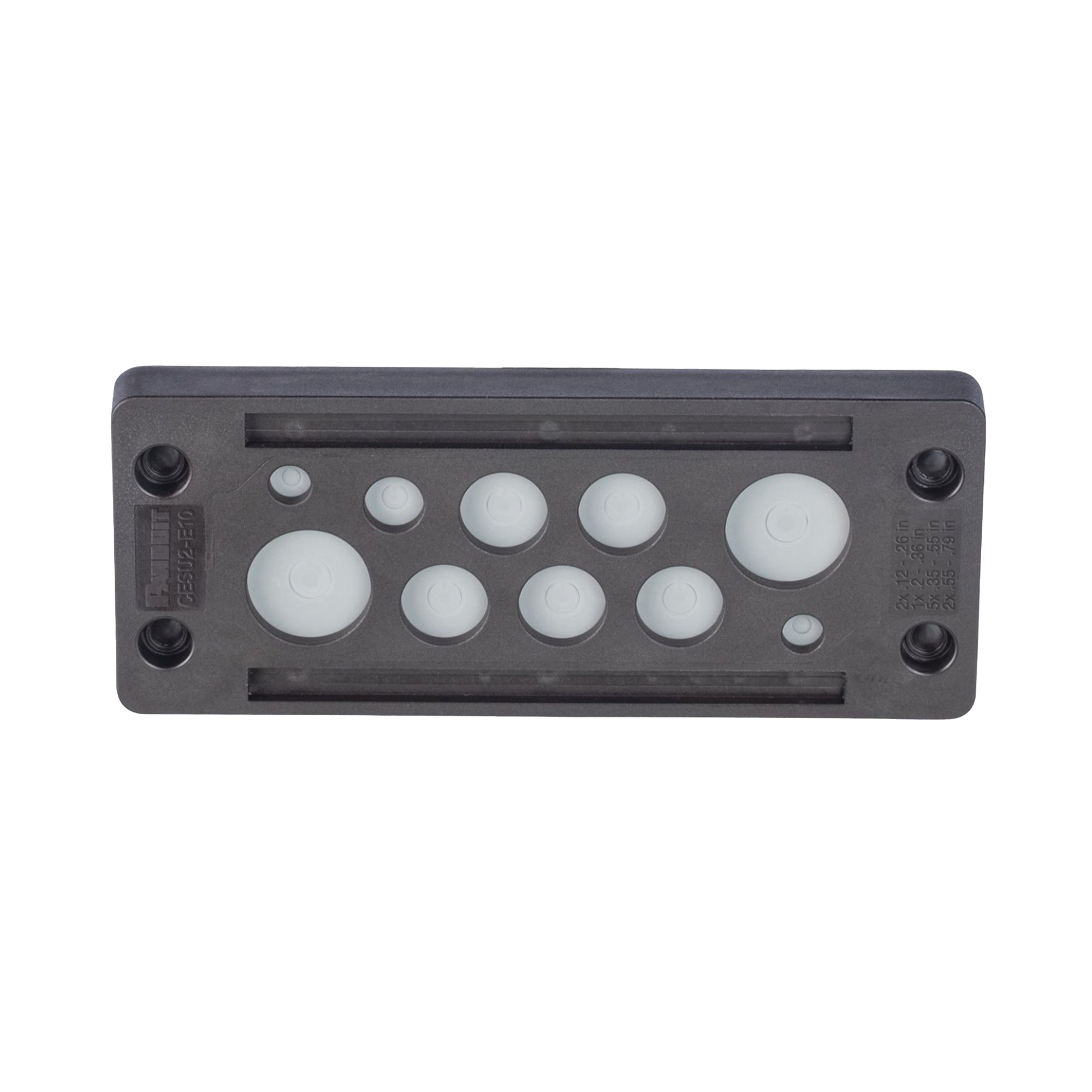 Pasacable de 10 Orificios de Marco Rectangular, IP65, 4.41" X 1.42", para Cables no Terminados, Color Negro.