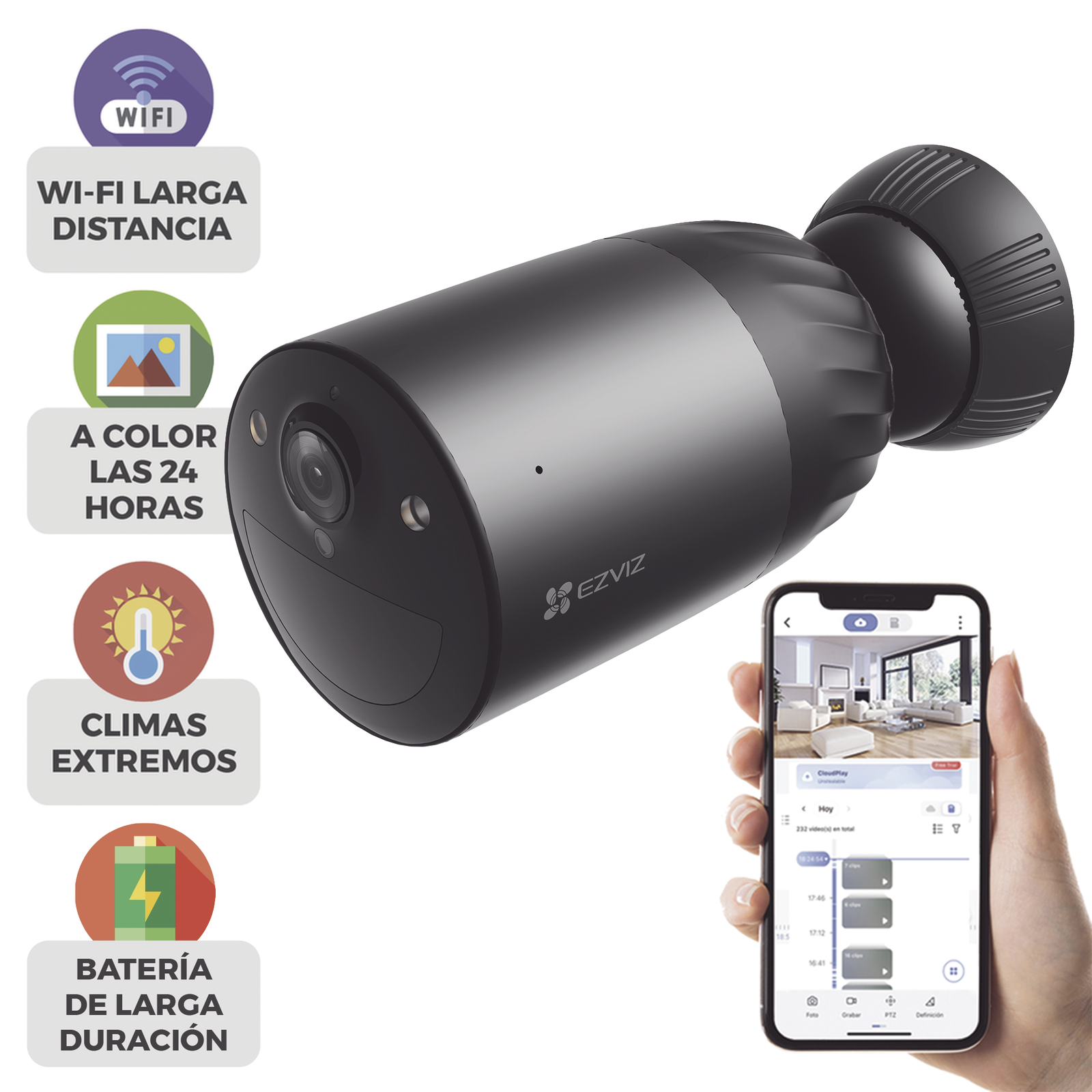 Cámara WIFI / 4K / Batería Recargable Compatible con Panel Solar CS-CMTSOLARPANEL-E/ 2.8mm / Conector Tipo C / Audio Dos Vías / Visión Nocturna en Color / Protección IP65/ Ranura para Memoria 512 GB