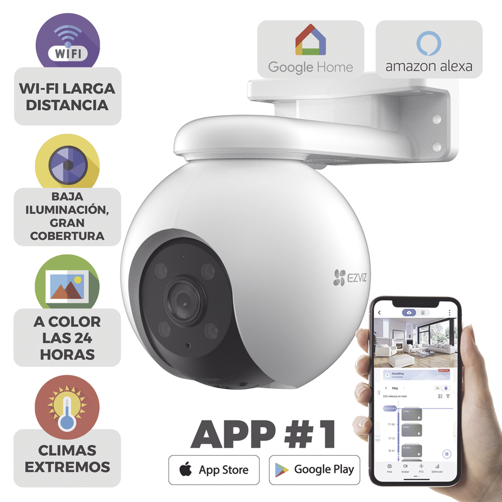 PT WiFi / (3K) 5MP / Visión 360° / Detección humana / Detección de Vehiculo / Audio de Dos Vías / Sirena / Luz Parpadeante / Colores en Oscuridad / Micro SD / Presets / Autoseguimiento / Exterior