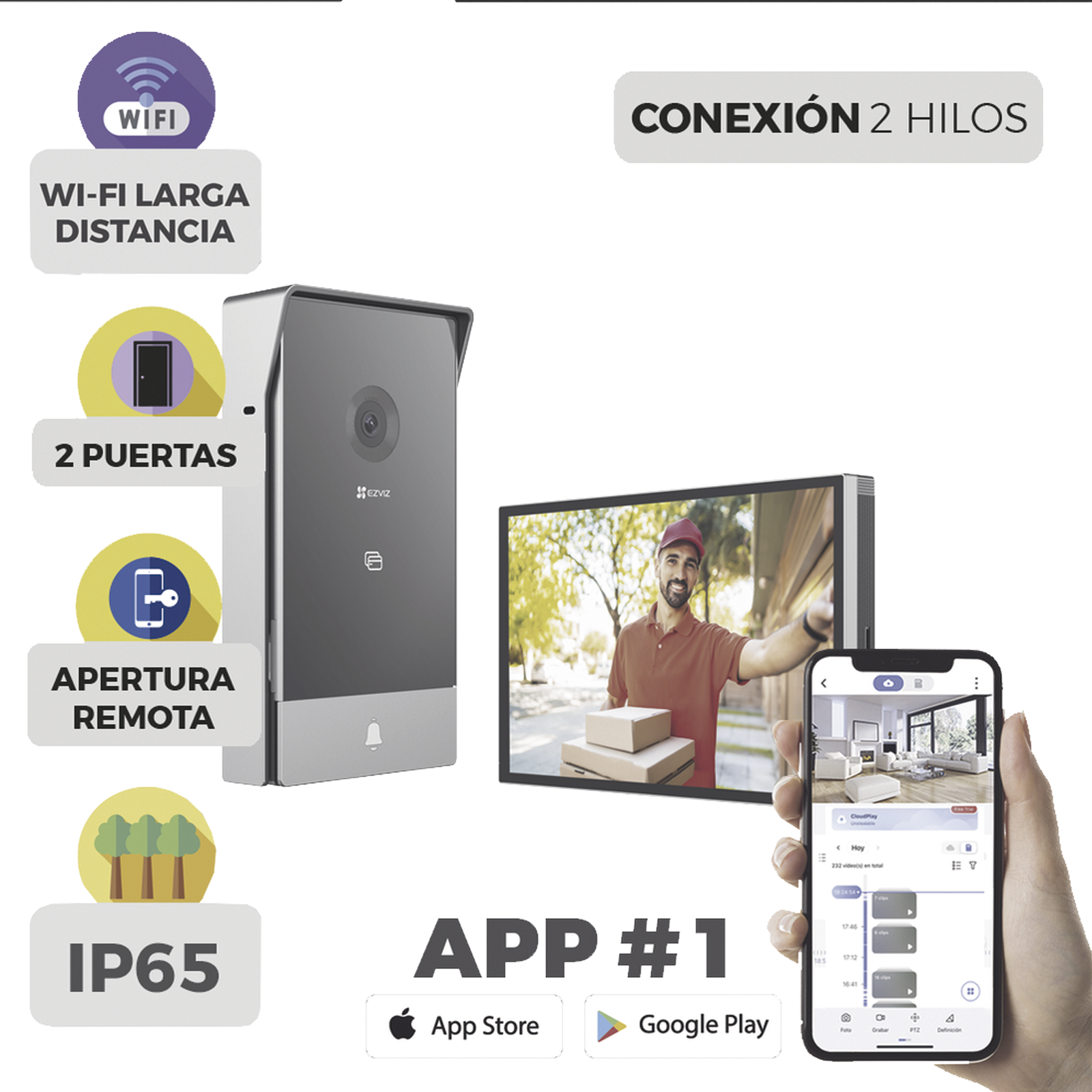 Videoportero IP Conexión a 2 Hilos / Con Monitor Wi-Fi para Interior / Frente de Calle IP65 Uso En Exterior Debe Tener Protección / Cámara 3 Megapíxel / Llamada a la App / Apertura remota / Apertura de 1 Puerta y un 1 Porton