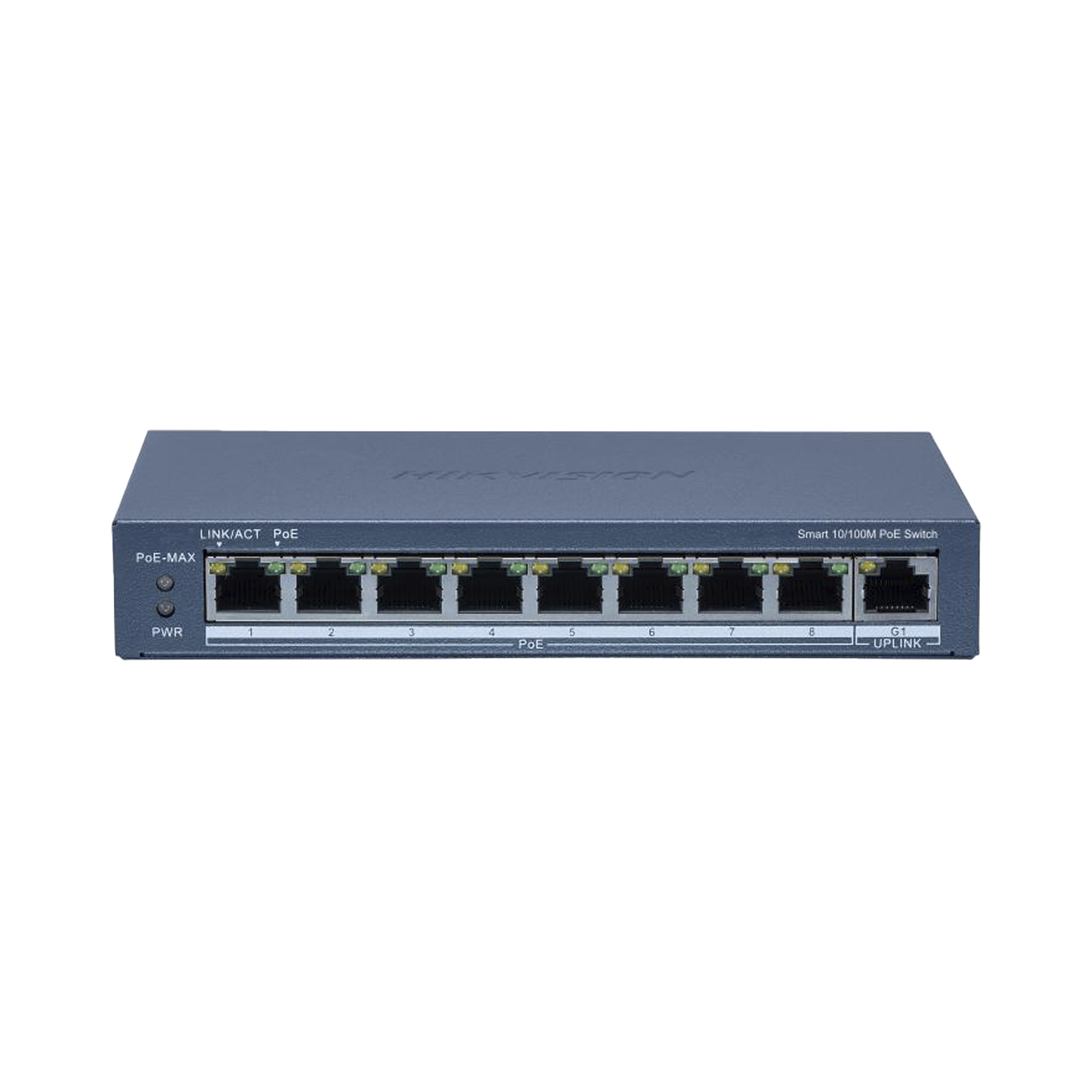 Switch PoE+ / Monitoreable / 8 Puertos 10/100 Mbps PoE+ / 1 Puerto 1000 Mbps de Uplink / Configuración Nube Hik-PartnerPro / Modo Extendido hasta 300 Metros / 110 W