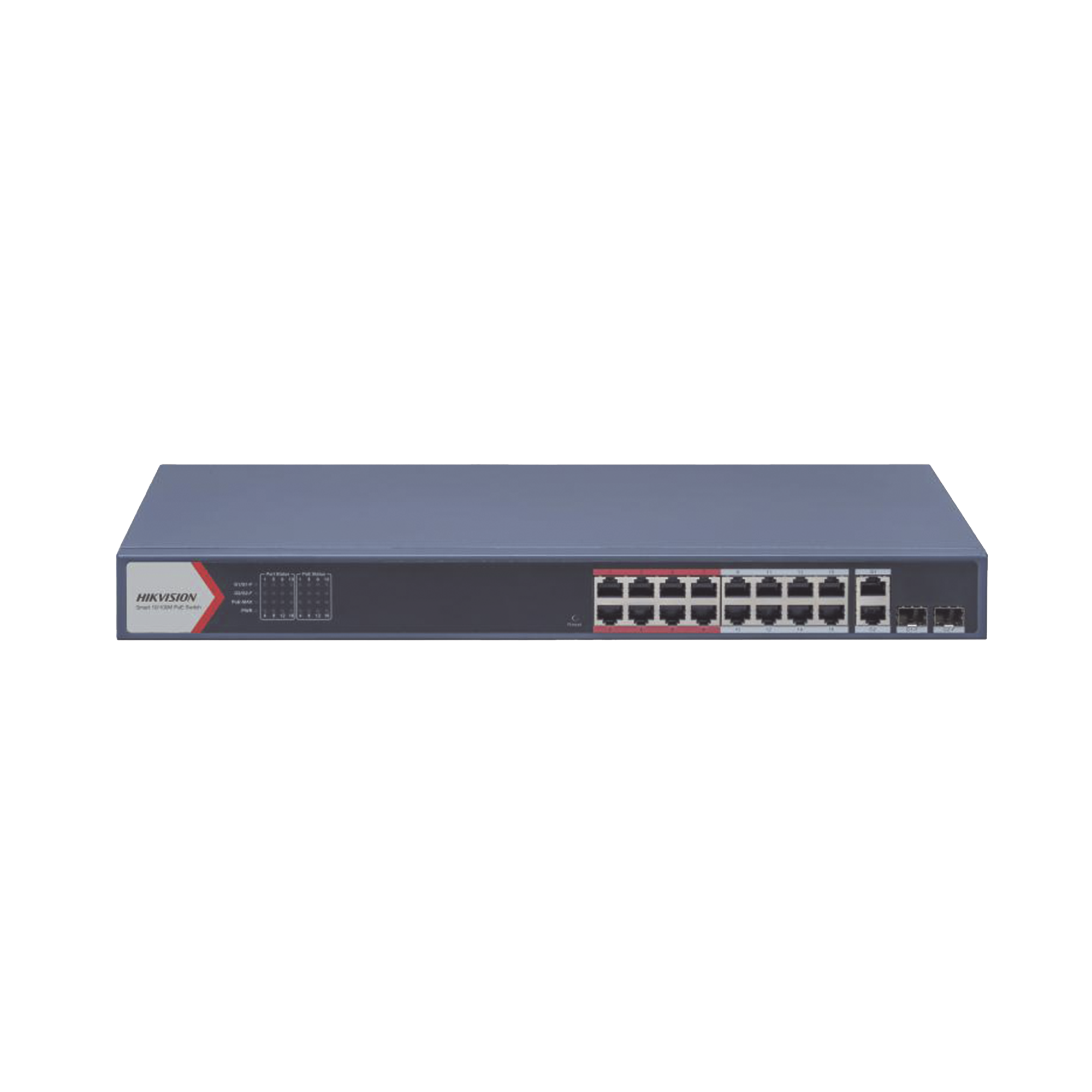 Switch PoE+ / Monitoreable / 16 puertos 10/100 Mbps PoE+ / 2 Puertos 1000 Mbps Uplink / 2 Puertos SFP de Uplink / Configuración Nube Hik-Partner Pro / Modo Extendido hasta 300 metros / 230 W