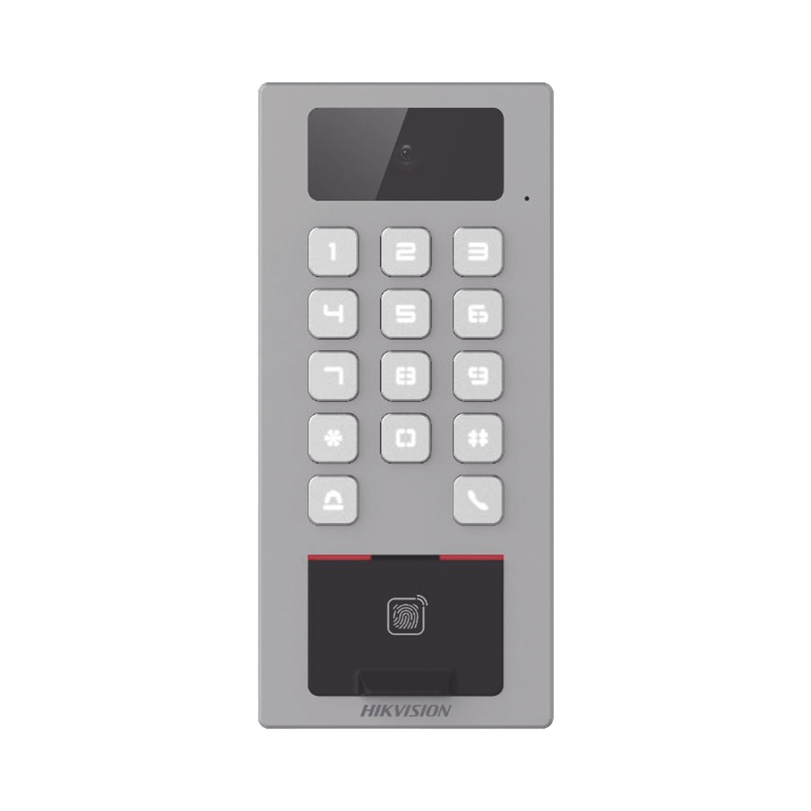 (PoE / 2 Relays) Terminal de Control de Acceso / Videoportero Multiapartamento Llamada a App / Teclado / Exterior Antivandálico IP65 & IK09 / Huella, Tarjeta, Código QR, PIN o App Hik-Connect / Cámara 2 MP compatible con NVRs