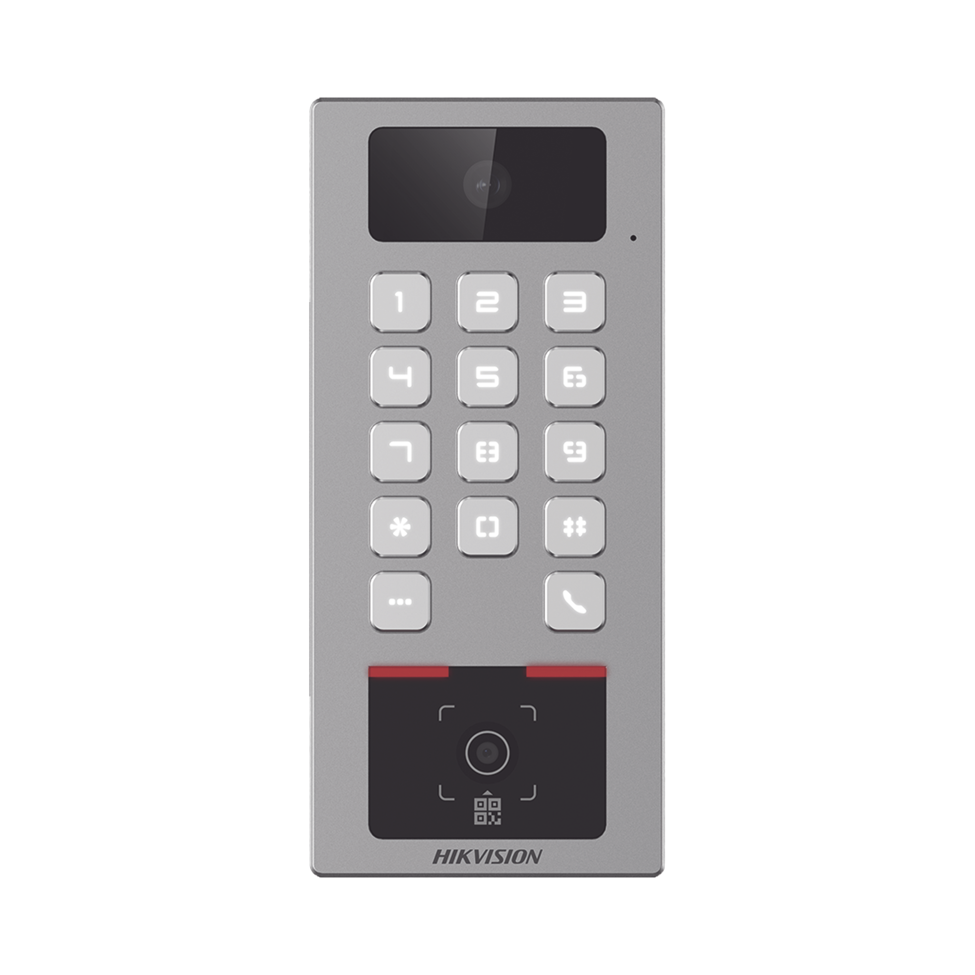 (PoE / 2 Relays) Teclado con Lector Físico de QRs para Exterior Antivandálico IP65 & IK09 con función de Videoportero Multiapartamento / Tarjeta, Código QR, PIN o App HikConnect  / Cámara 2 MP compatible con NVRs /