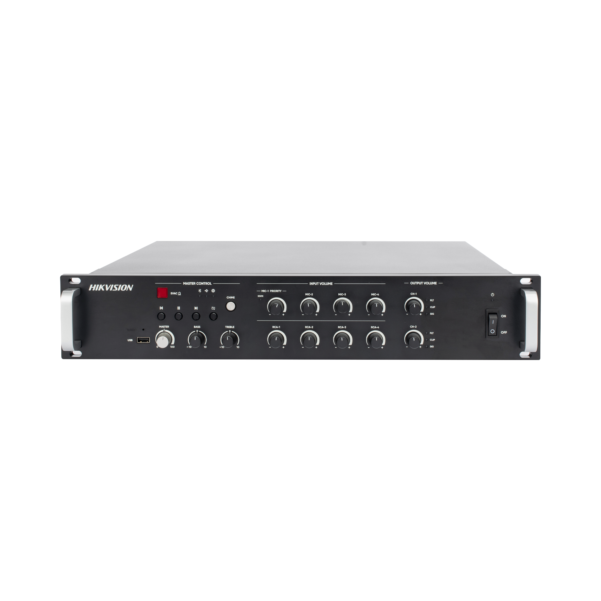 Amplificador de audio | 2 zonas de 250W  | 100V/70V | Calendarización de eventos | Biblioteca de Materiales de Audio | Entrada de Alarma | Hik-connect /Hikcentral profesional