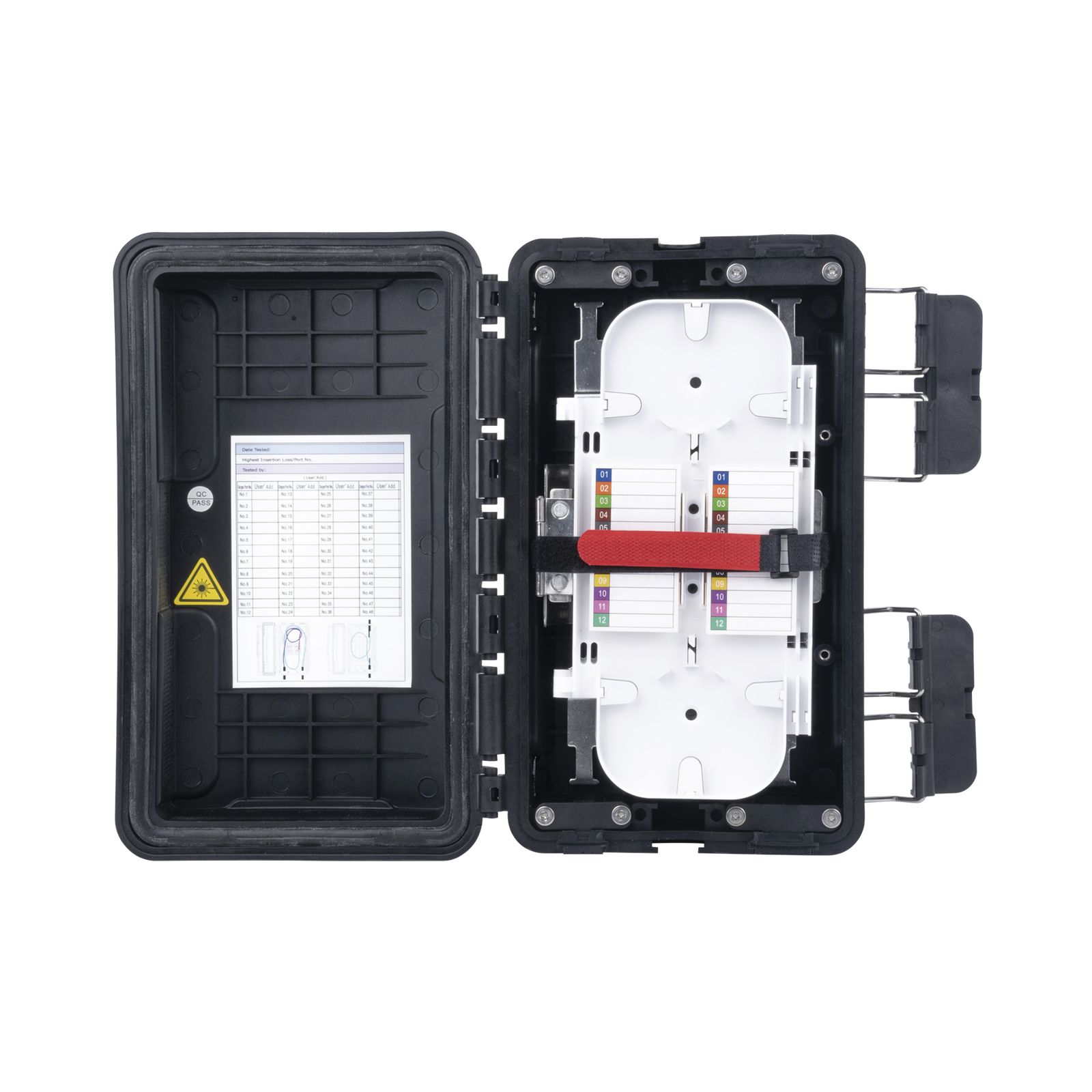 Caja de Distribución de Fibra Óptica, Hasta 96 Empalmes, Exterior IP65, Color Negro