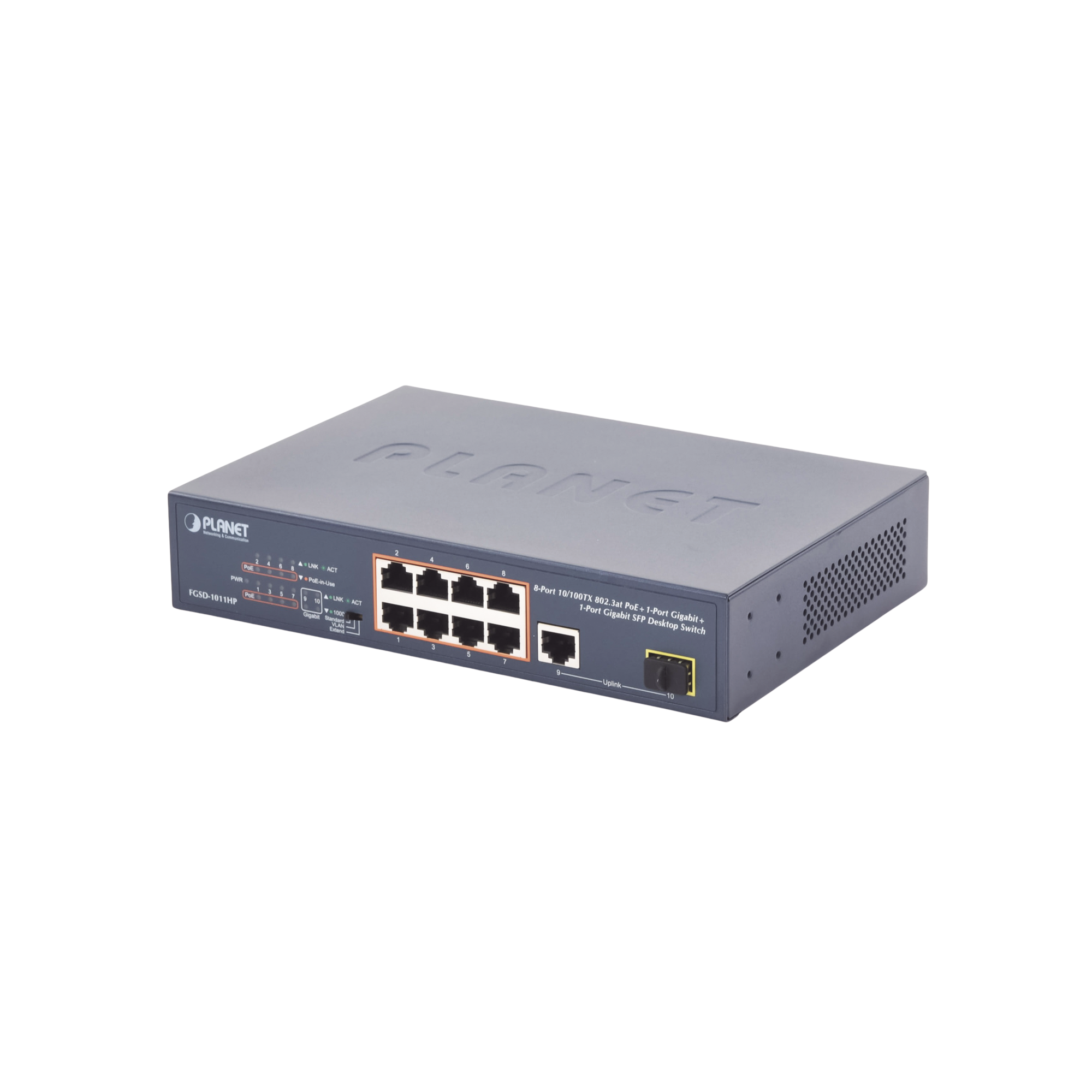 Switch no Administrable 8 puertos 10/100 PoE 802.3af/at 135W, 1 puerto Uplink 10/100/1000 y 1 SFP 100/1000 para escritorio