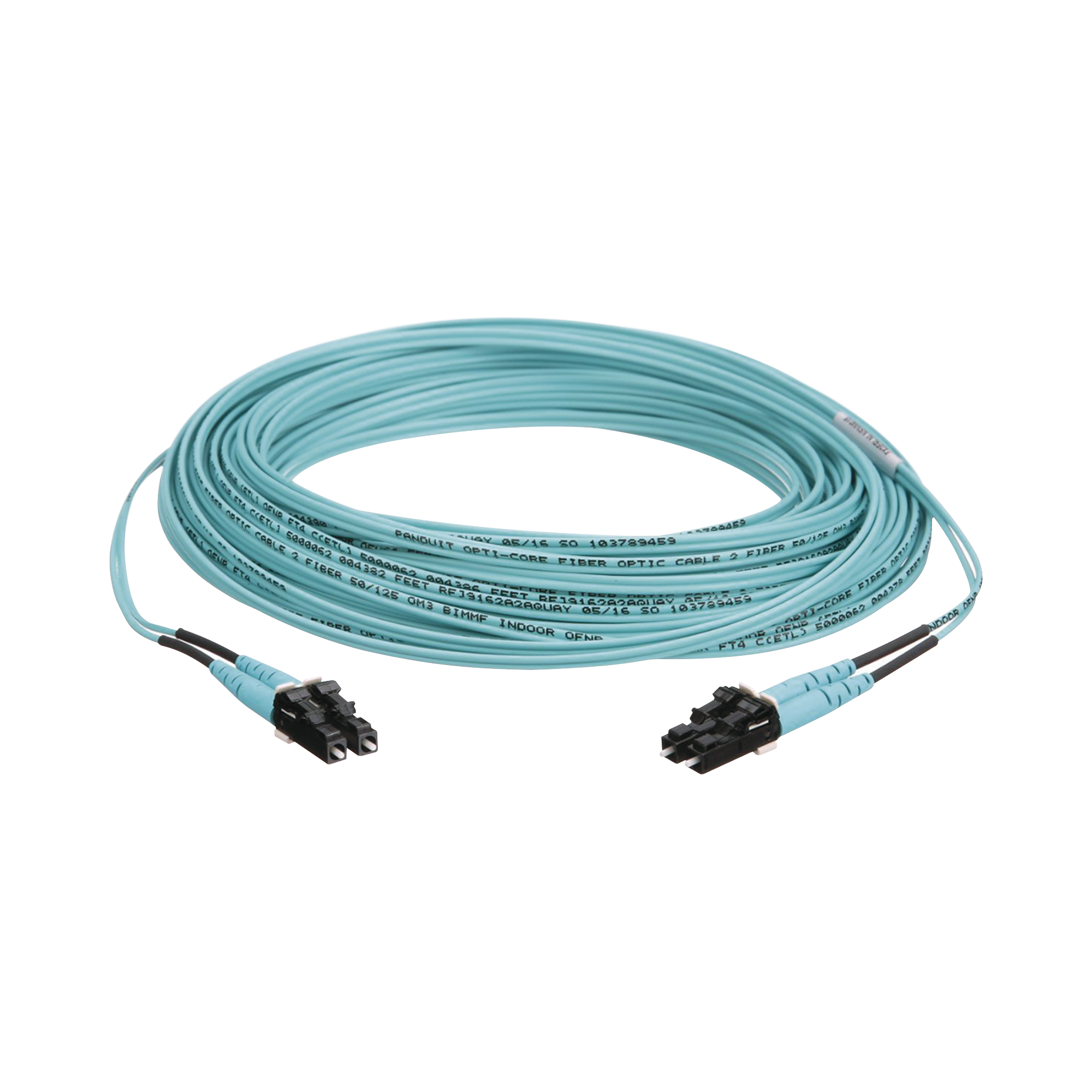 Jumper de Fibra Optica Multimodo 50/125 OM3, LC-LC Duplex, OFNR (Riser), Color Aqua, 15 Metros (49.21 Pies)