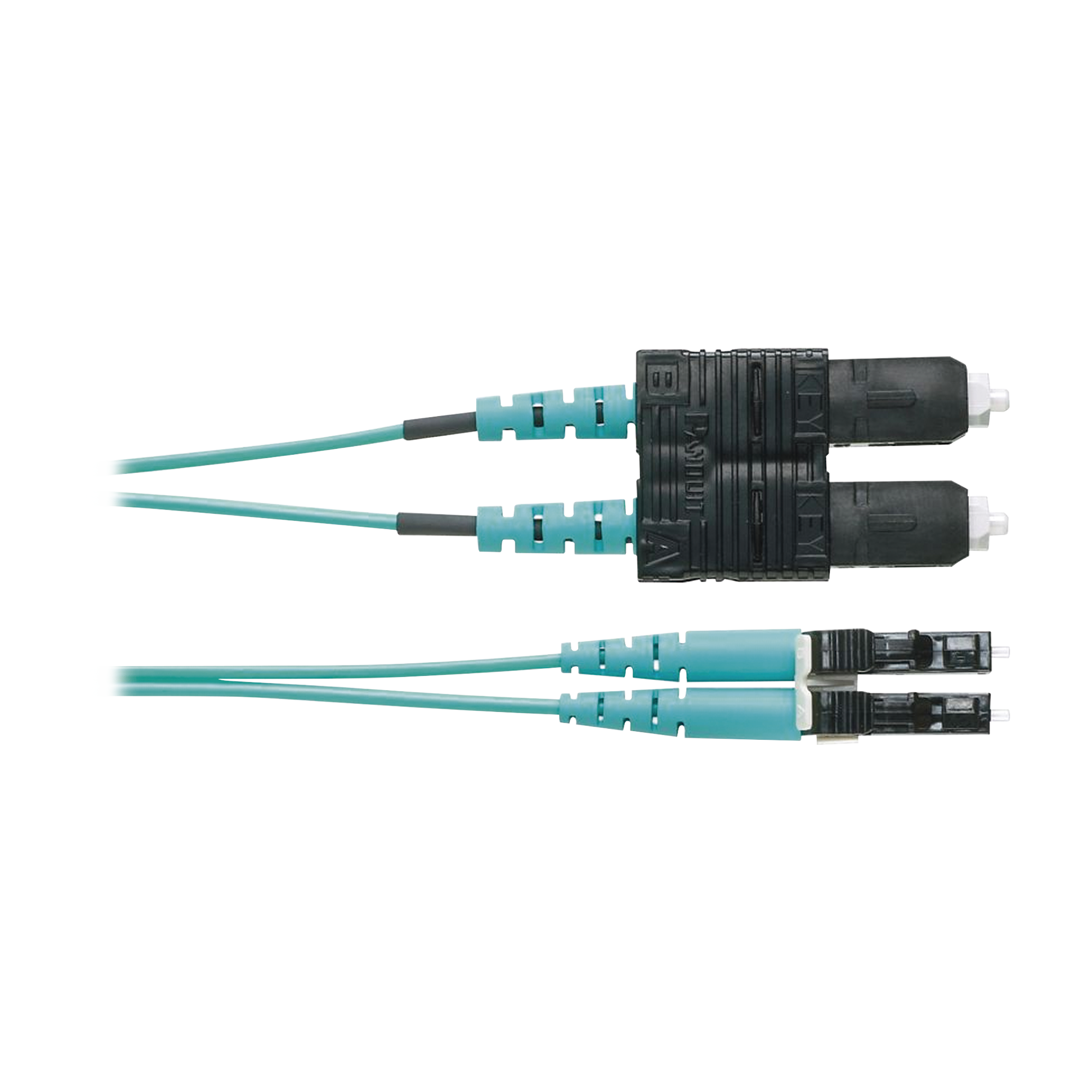 Jumper de Fibra Optica Multimodo 50/125 OM4, LC-SC Duplex, OFNR (Riser), Color Aqua, 3 Metros (9.84 Pies)