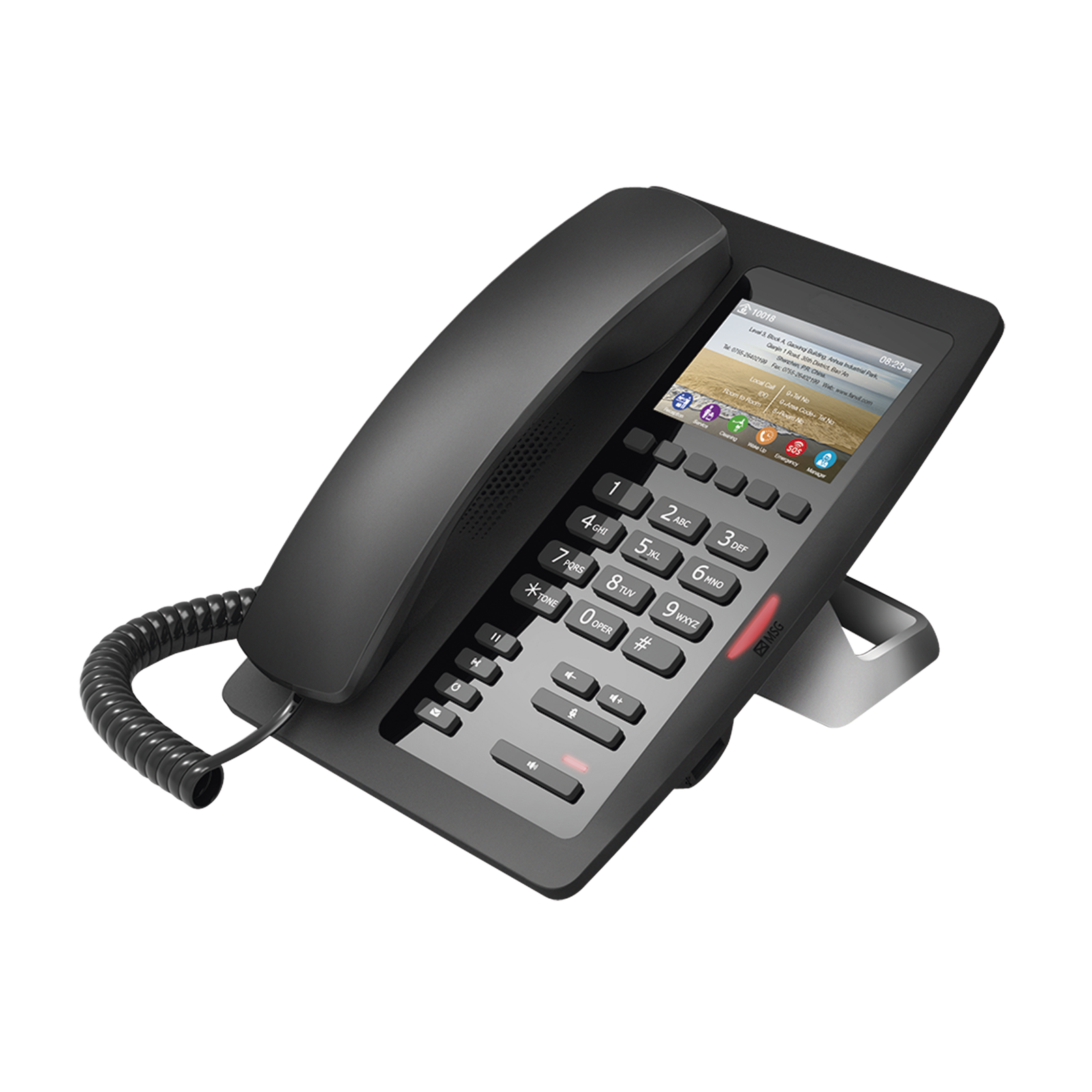 Teléfono IP Hotelero / Pantalla LCD Color 3.5" / 2 Líneas SIP / 6 Teclas Programables Hotline / Puerto USB Carga / PoE 802.3af / Personalizable con Logo Hotel