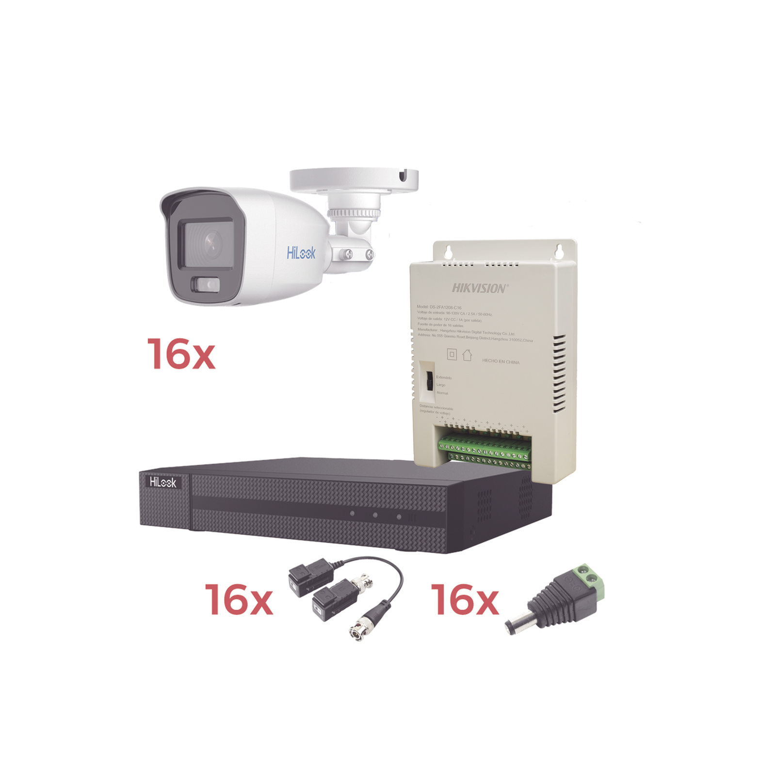 Kit TurboHD 1080p Lite / DVR 16 Canales / 16 Cámaras Bala Exterior ( 2.8mm) con ColorVu + Micrófono Integado / Transceptores / Conectores / Fuente de Poder Profesional