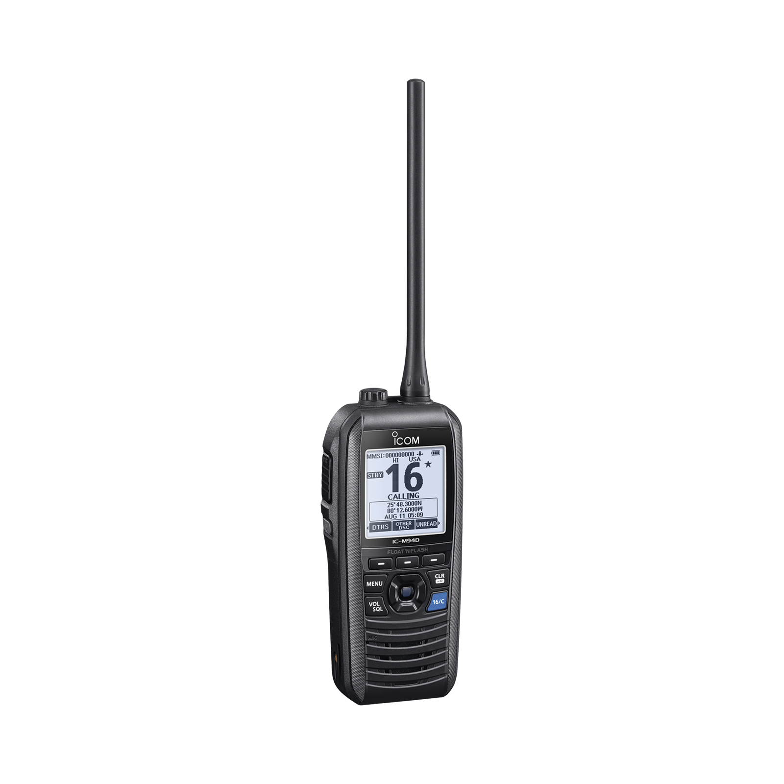 Radio portátil marino flotante con receptor AIS y GPS incluido, Tx: 156.025-157.425 MHz Rx: 156.050-163.275 MHz, opera en canales INT, USA, CAN, WX, Incluye antena, batería, cargador, cable de encendedor y clip.