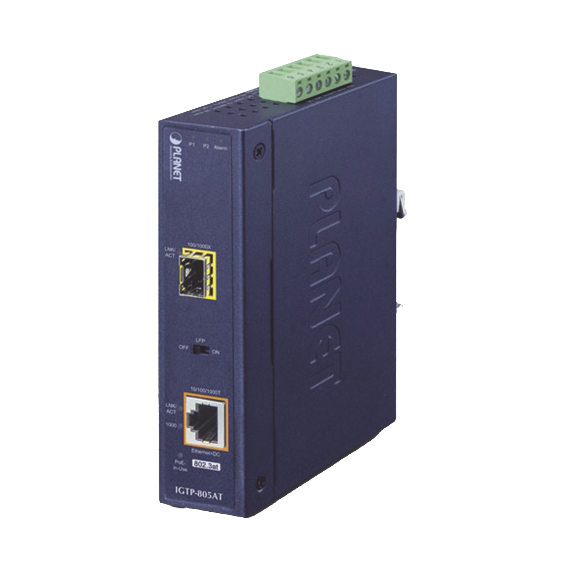 Convertidor de Medios PoE Industrial, Puerto SFP 1000BASE-SX/LX a Puerto RJ45 Gigabit con Salida PoE 802.3at (Hasta 30 W).