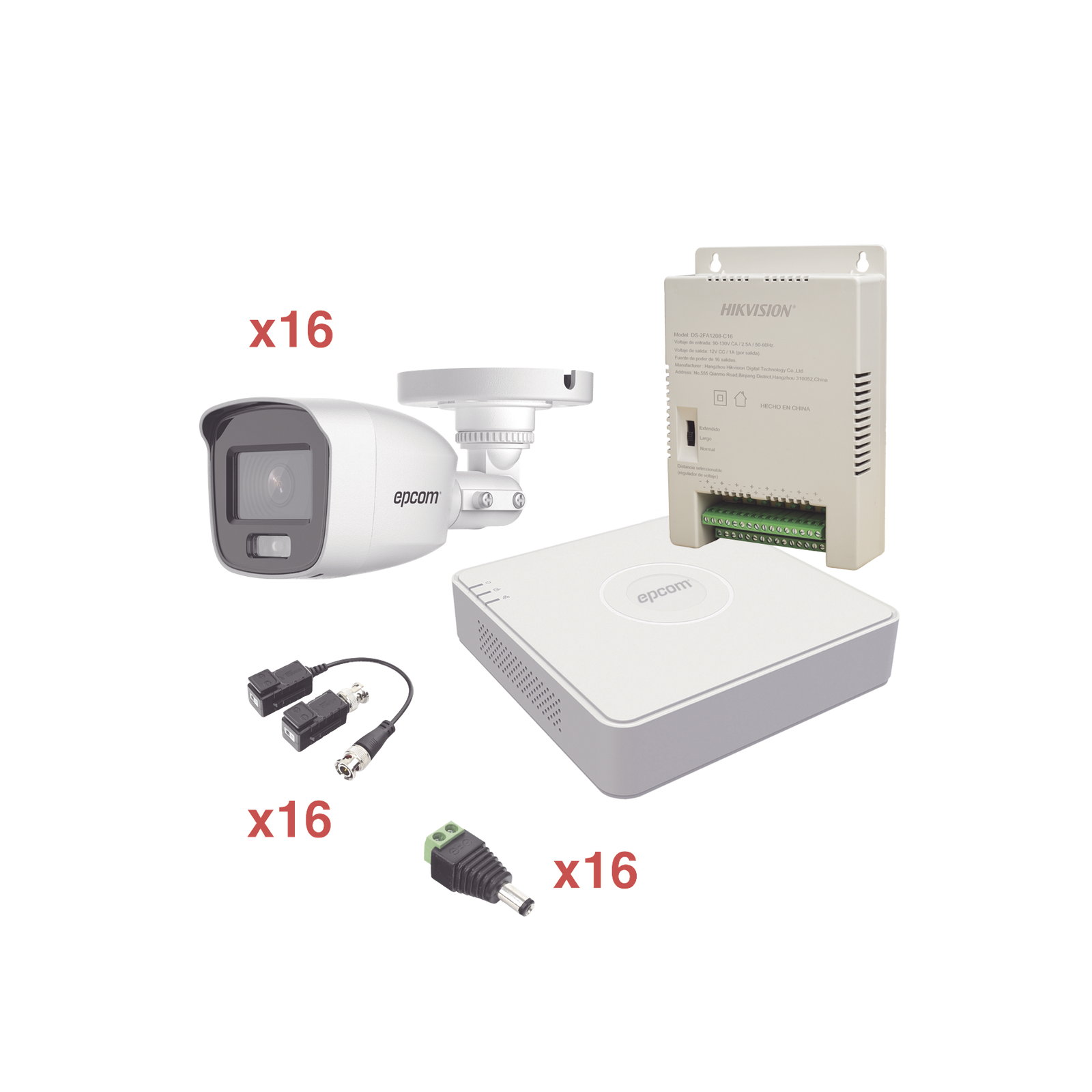 Kit TurboHD 1080p Lite / DVR 16 Canales / 16 Cámaras Bala Exterior ( 2.8mm) con ColorVu + Micrófono Integado / Transceptores / Conectores / Fuente de Poder Profesional