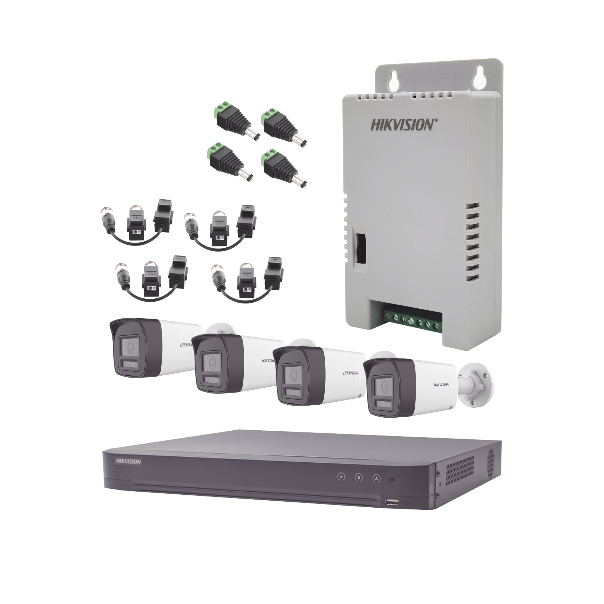 Kit Audio Bidireccional TurboHD 4K-3K / DVR 4 Canales 4K / 4 Cámaras Bala (Exterior) con Bocina y Microfóno Integrado 3K / 1 Fuentes de Poder / Accesorios