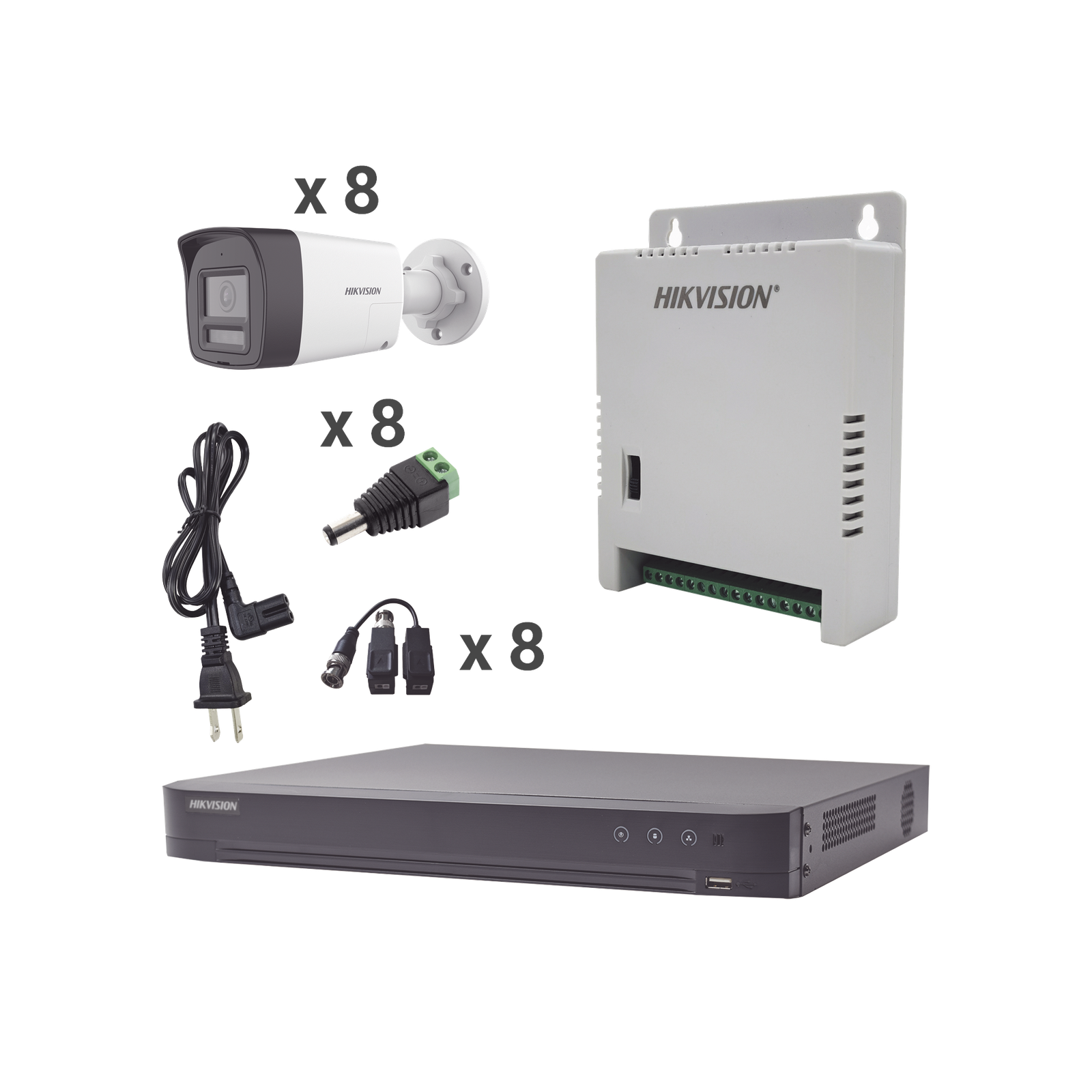 Kit Audio Bidireccional TurboHD 4K-3K / DVR 8 Canales 4K / 8 Cámaras Bala (Exterior) con Bocina y Microfóno Integrado 3K / 1 Fuentes de Poder / Accesorios