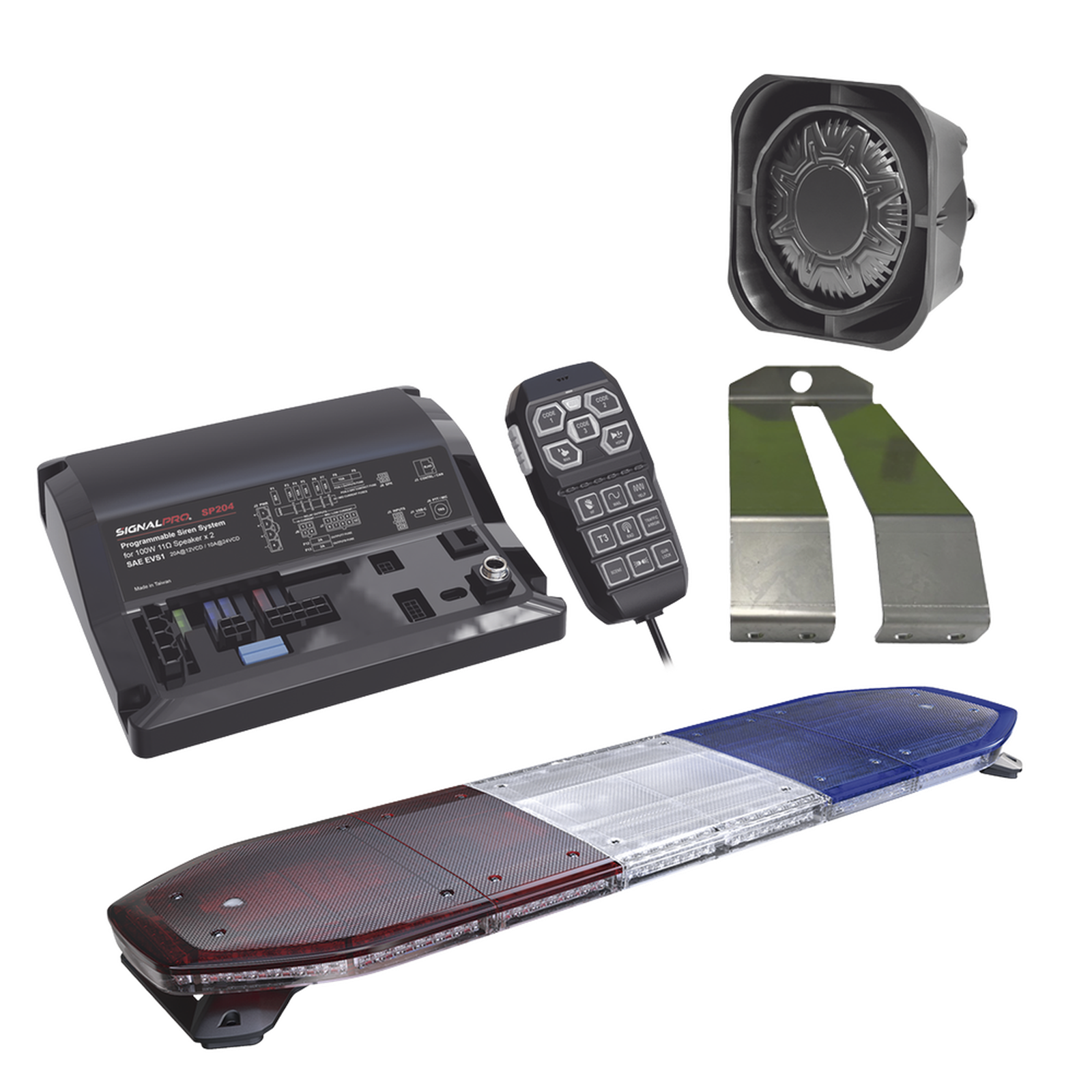 Kit de Sirena, Bocina y Torreta de 48", Con 216 LEDs, Dual Color, Frente: Rojo/Blanco, Azul/Blanco, Trasero: Rojo/Ambar, Azul/Ambar