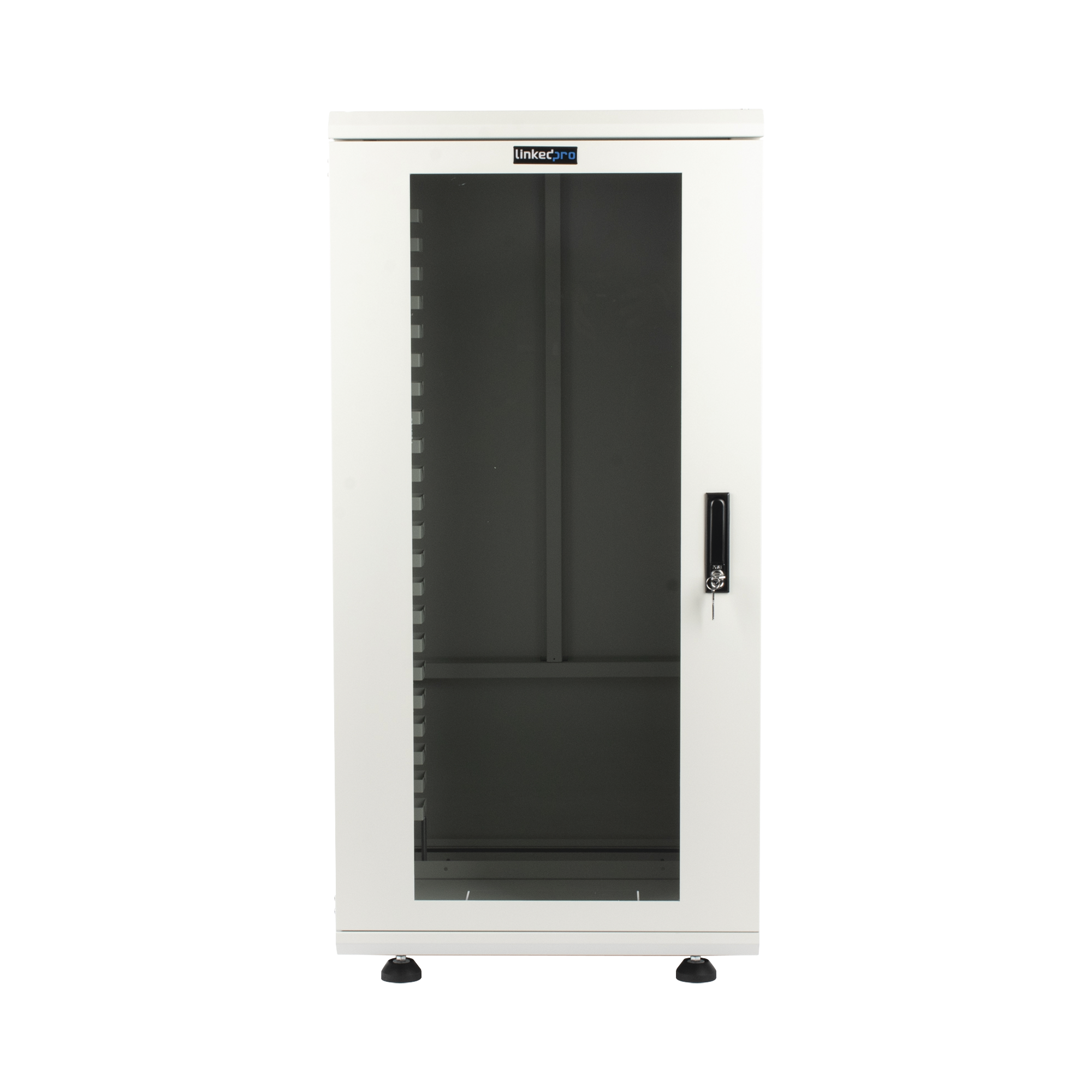 Gabinete Rack 24 Unidades / 19 Pulgadas / Puerta de Cristal / Piso / Acero Calibres 16-18-20 / 750 Kg Carga / 600x605x1190 mm (23.6x23.8x46.9 in) / Vidrio con Cerradura