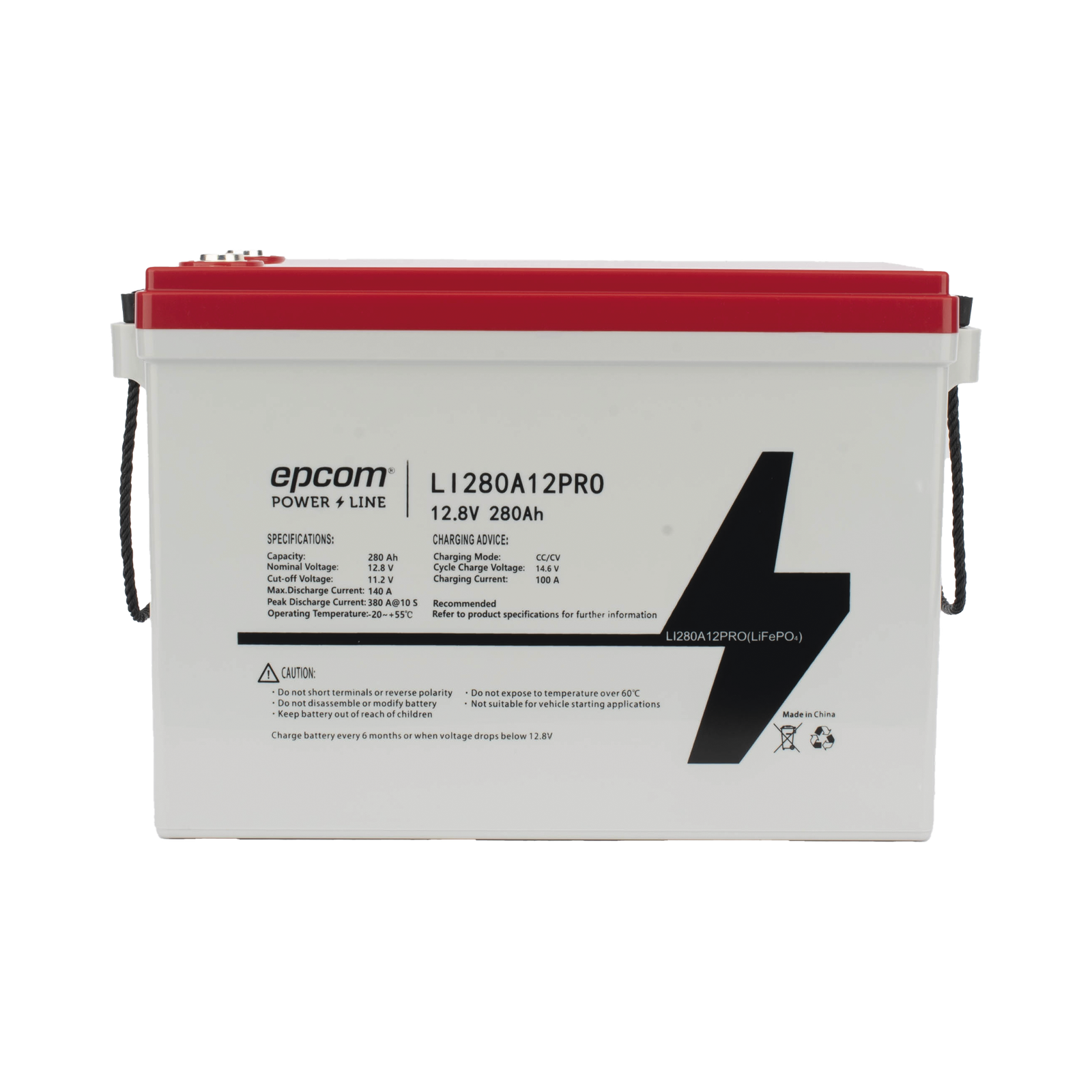 Batería de Litio Ciclo Profundo / 12.8 Vcc 280Ah (3.58 kWh) / LiFePO4 / 6000 Ciclos / Descarga 140A / Carga Rápida 100A / Solar y Marina / BMS con Corte a 11.2V